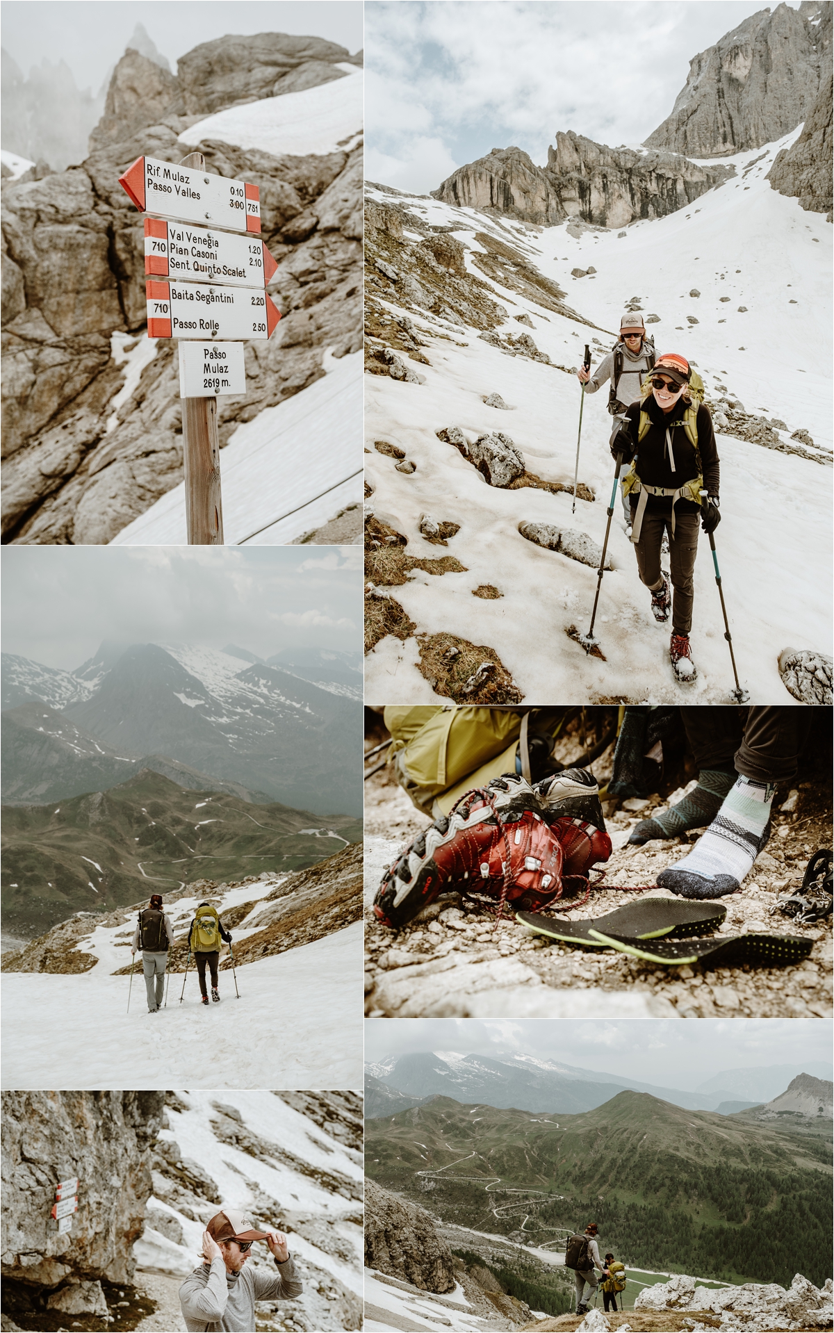 Hiking down in the snow from Rifugio Mulaz to Passo Rolle. Photography by Wild Connections Photography