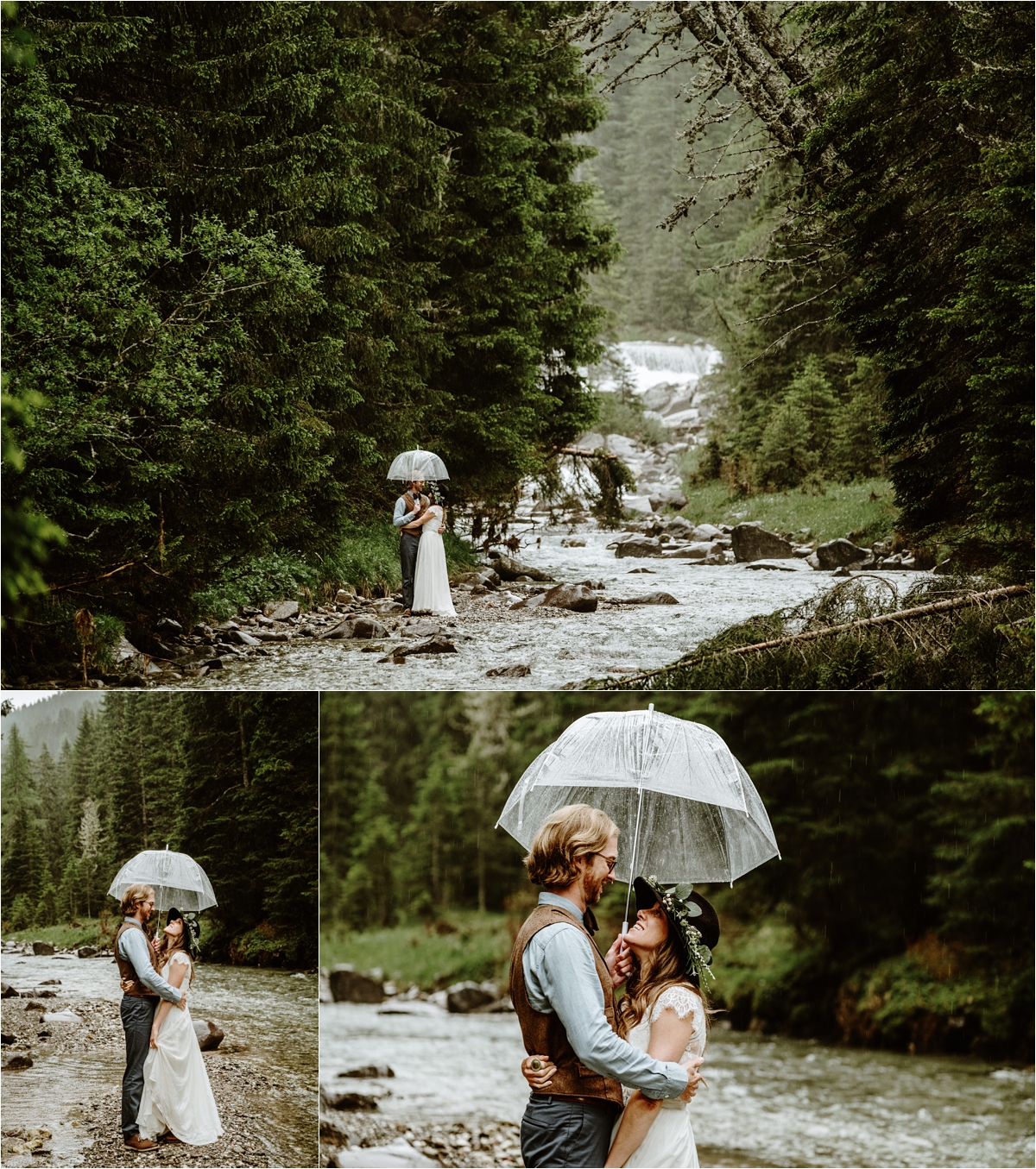 A rainy wedding day in the Dolomites, the bride and groom shelter under an umbrella next to a gushing river. Photography by Wild Connections Photography