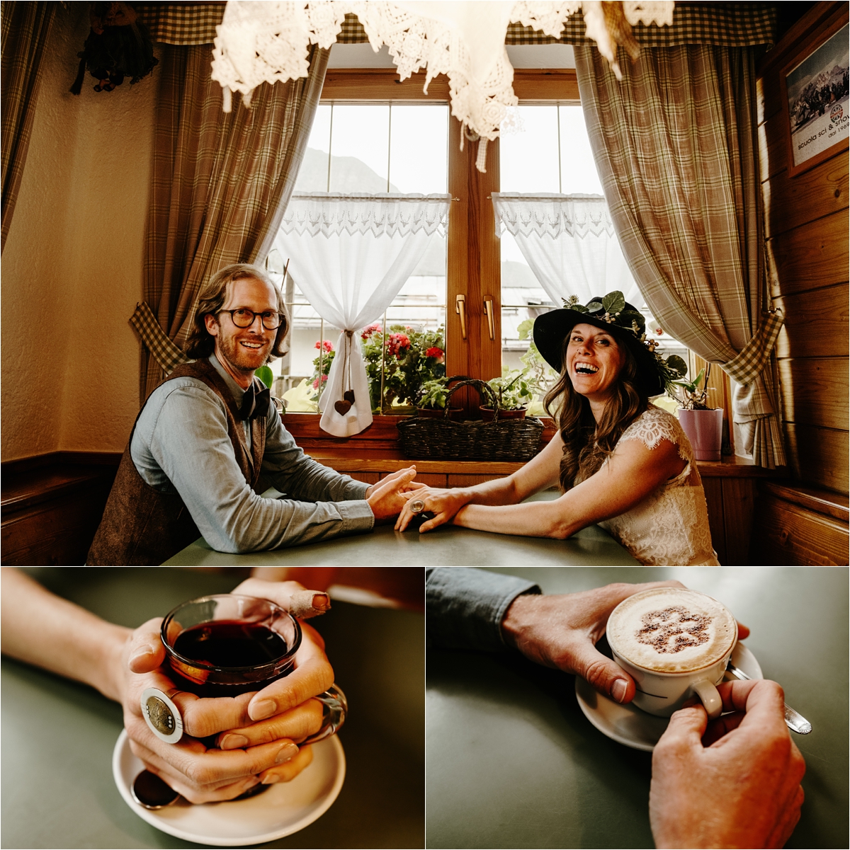 The bride and groom stop at a cafe for a mulled wine to warm up on the day of their Dolomites hiking elopement. Photography by Wild Connections Photography