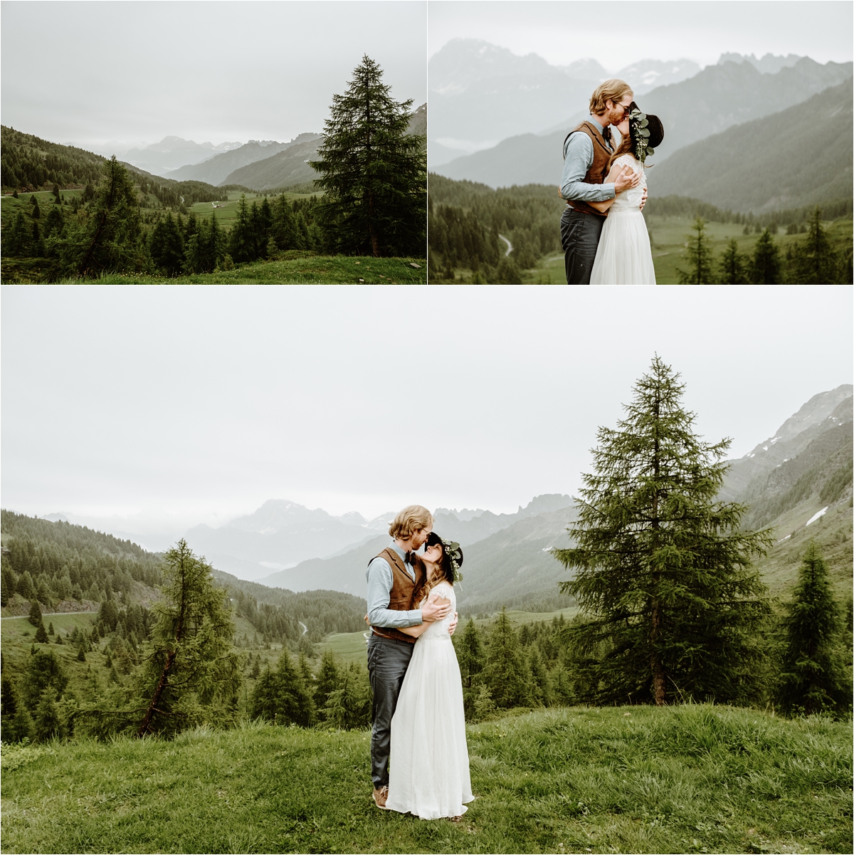 The bride and groom stand in a meadow in the rain with views of the Dolomites behind them. Photography by Wild Connections Photography
