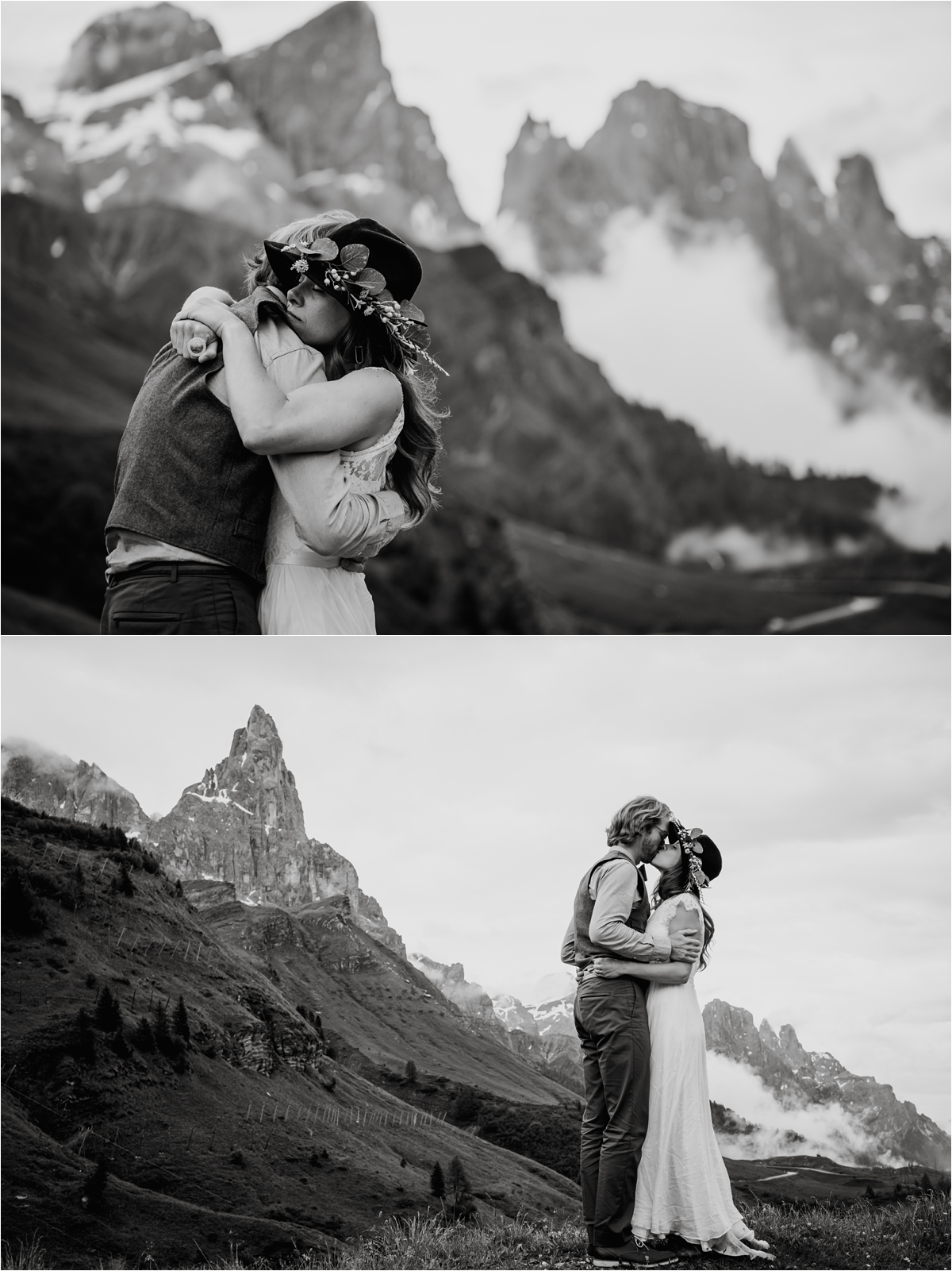 Black & white pictures of a bride and groom embracing with the Dolomites in the background. Photography by Wild Connections Photography