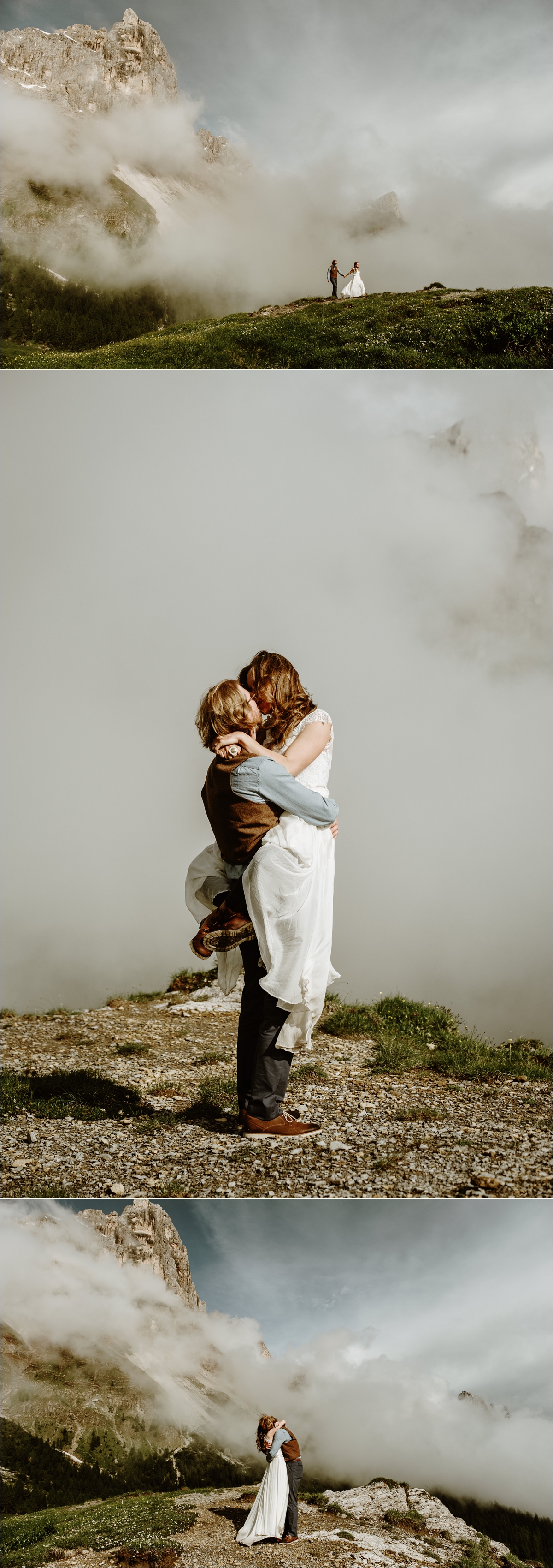 The couple embrace on the top of a mountain after their perfect hiking elopement ceremony in the Dolomites. Photography by Wild Connections Photography