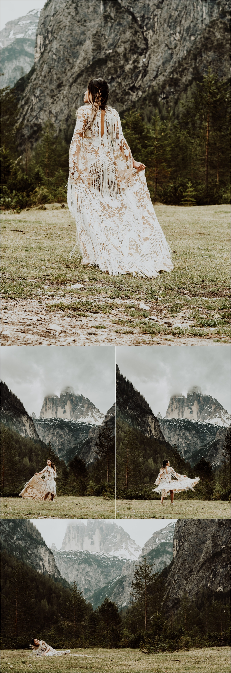 Rue De Seine Boho wedding dress for a Dolomites pre-wedding engagement shoot by Wild Connections Photography