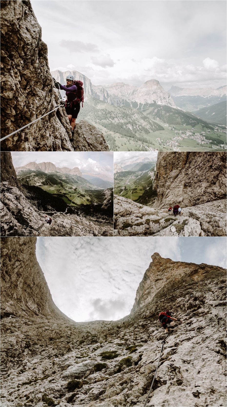 Climbing the via ferrata to refugio pisciadu in the Dolomites. Photo by Wild Connections Photography