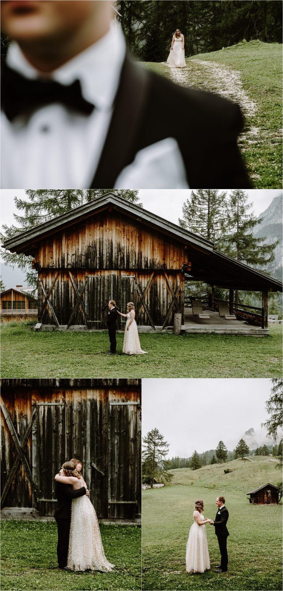 An emotional first look outside Kolfuschgerhof hotel in the Dolomite Mountains. Photo by Wild Connections Photography