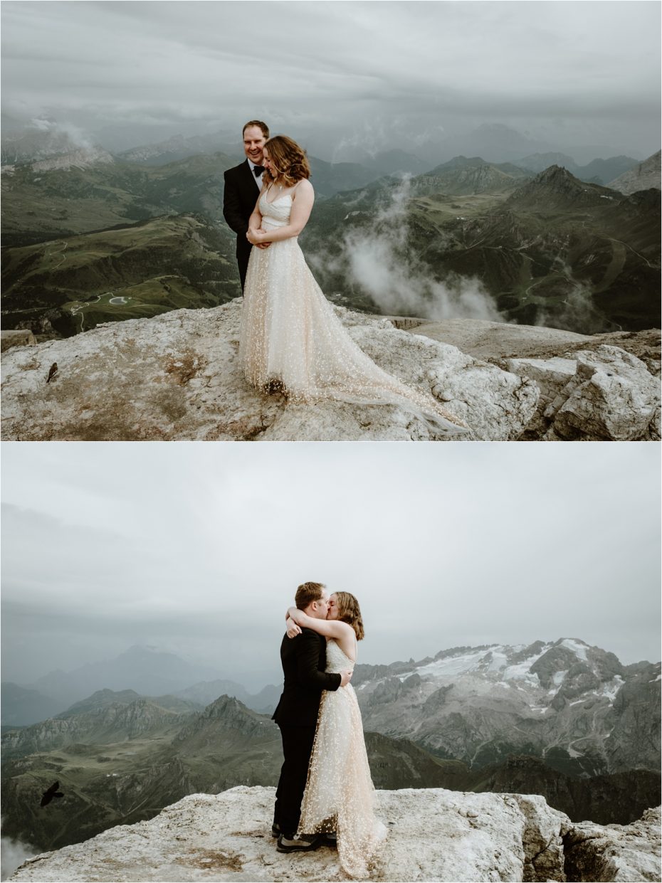 An Dolomites elopement on the Piz Boe with views of the Marmolada mountain in the distance. Photo by Wild Connections Photography