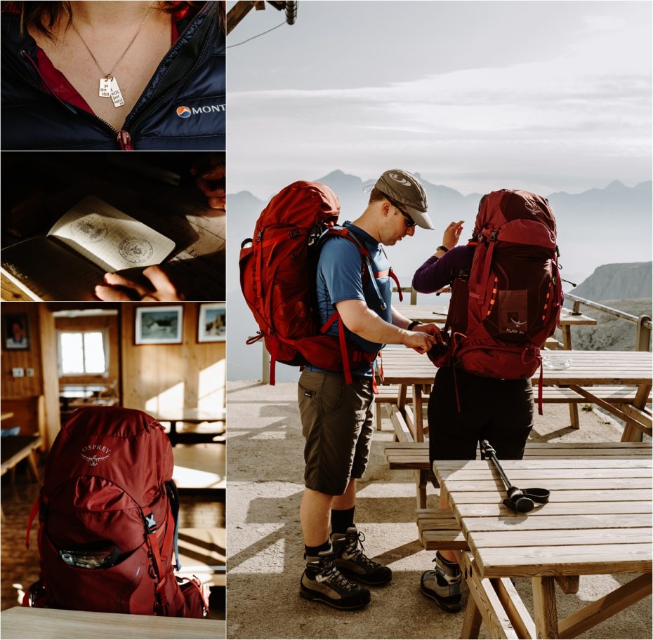 Bride and groom hike with Osprey backpacks. Photo by Wild Connections Photography