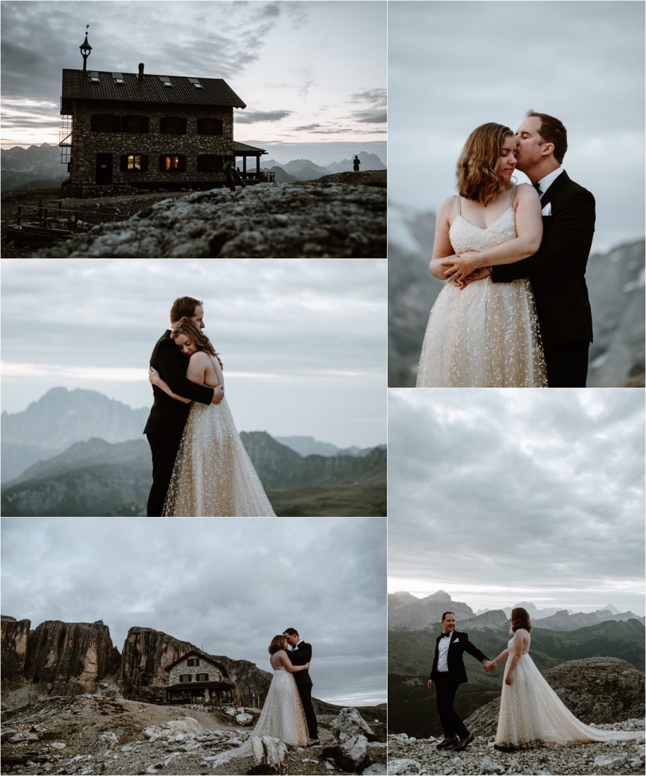 Bride and groom enjoy sunrise at Refugio Franz Kostner in the Dolomites. Photo by Wild Connections Photography