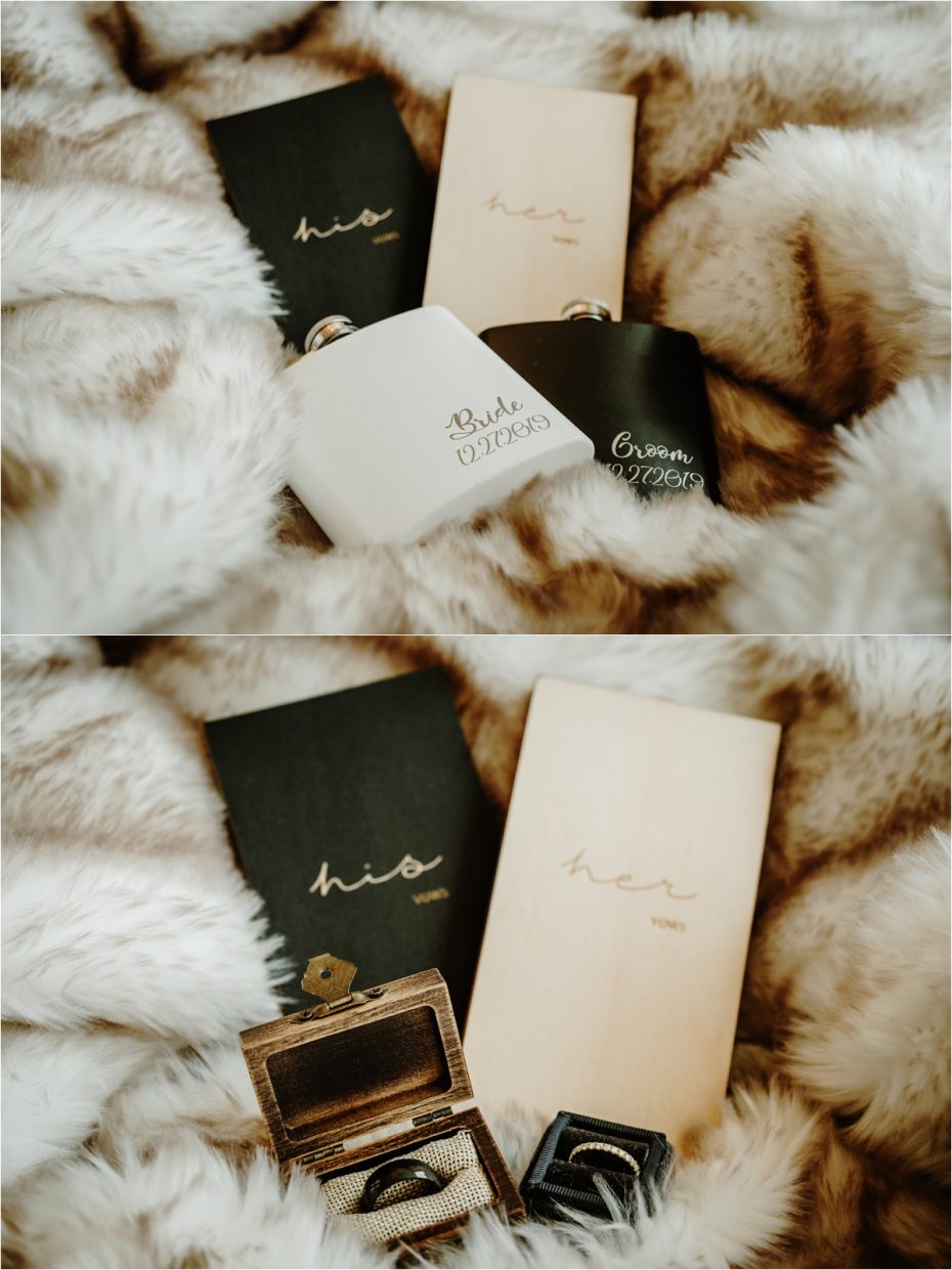 Wooden wedding vow books and personalised hip flasks. Photos by Wild Connections Photography