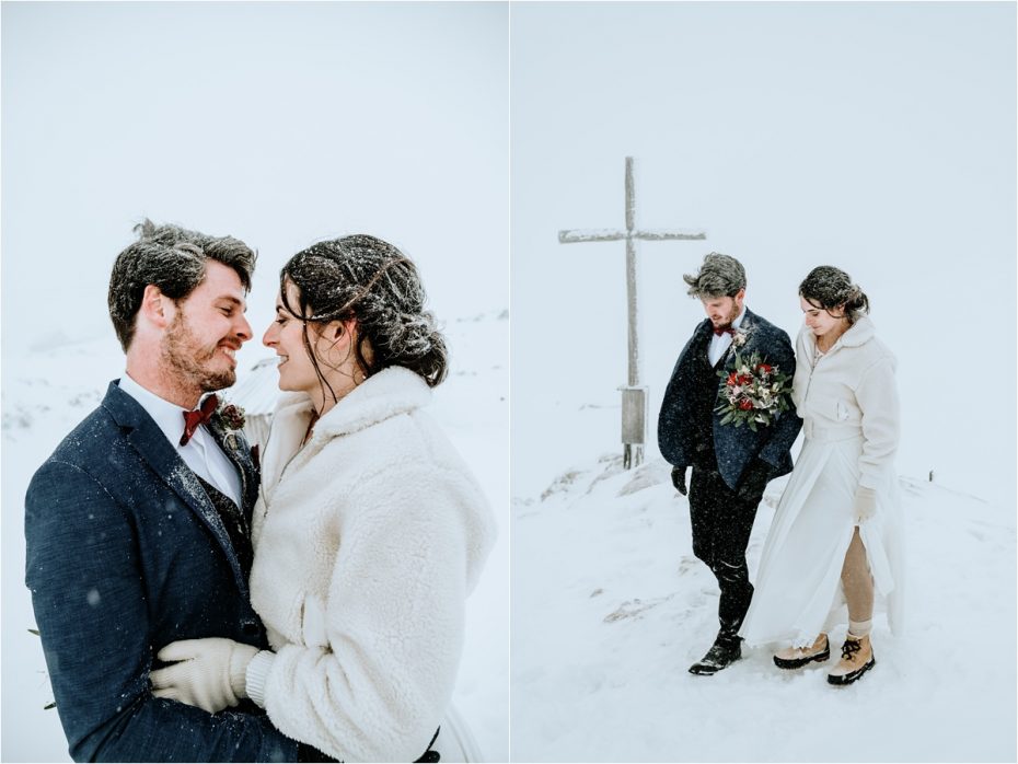 Anna & Jon explore the winter landscape of the Krippenstein mountain on their wedding day. Photos by Wild Connections Photography