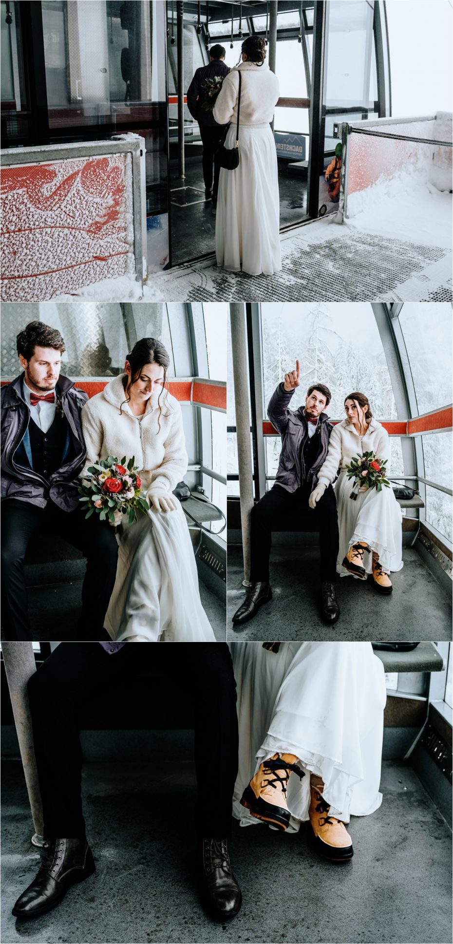 Bride and groom in the Dachstein Krippenstein cable car. Photos by Wild Connections Photography