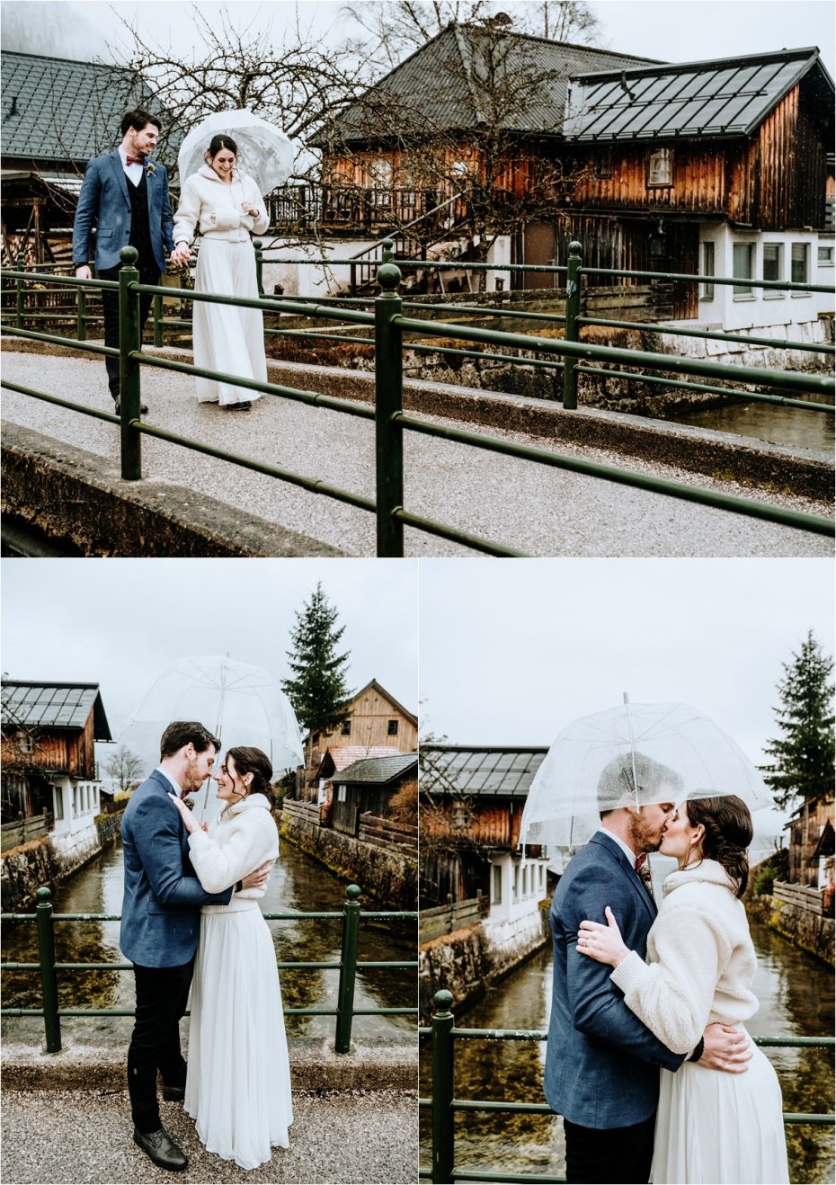 Bride & Groom walk through Hallstatt with an umbrella to shelter from the rain. Photos by Wild Connections Photography