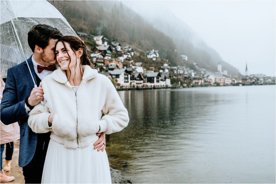 Anna & Jon enjoy views across to the town of Hallstatt in Austria on their wedding day. Photos by Wild Connections Photography