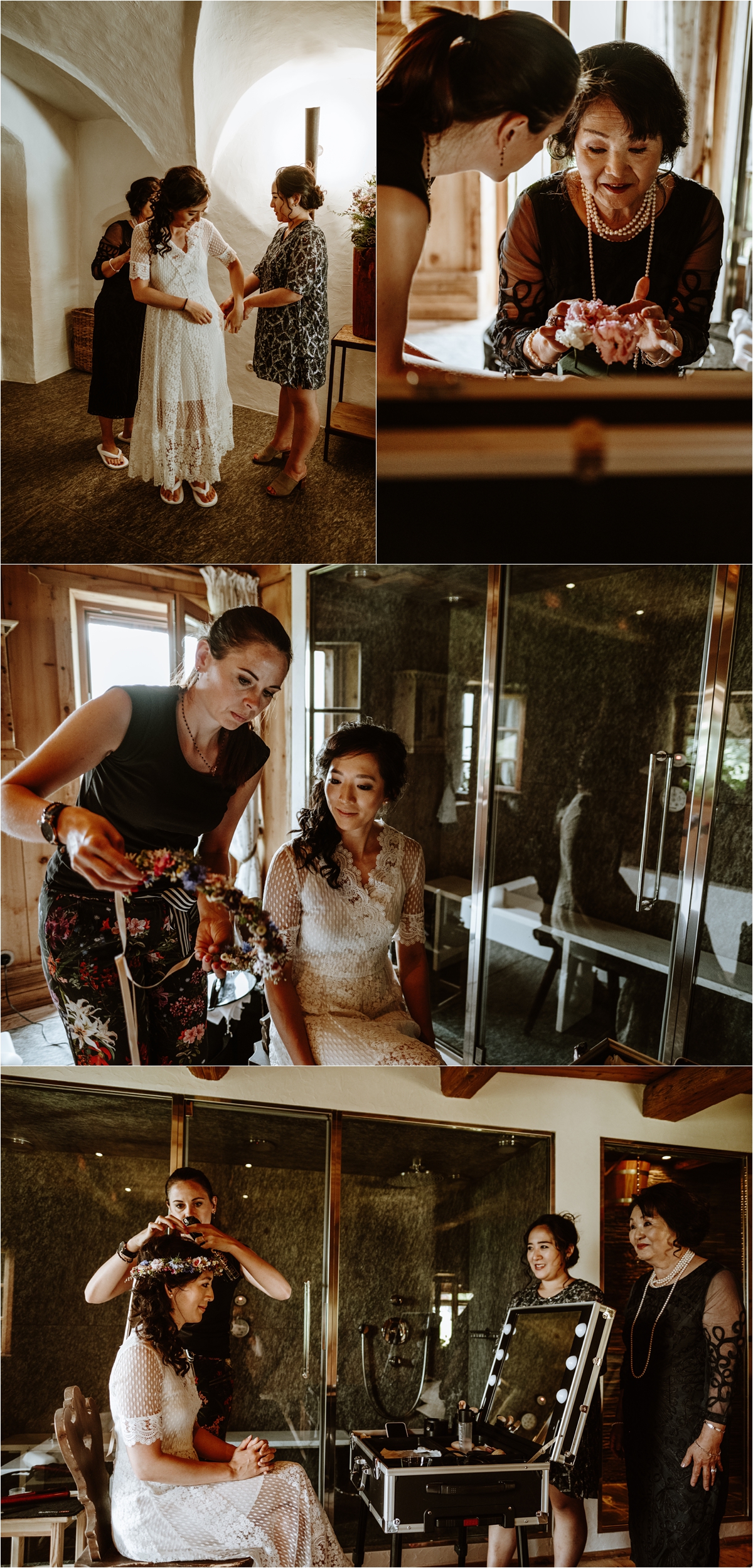 The bride getting ready in the San Lorenzo White Deer Mountain Lodge in the Dolomites. Photo by Wild Connections Photography