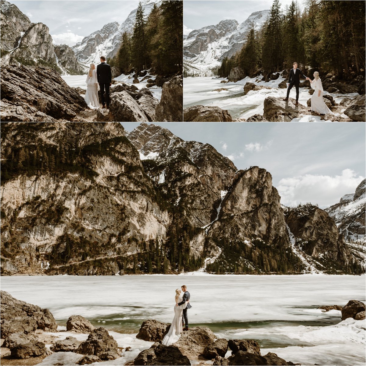 Erika & Nathan climb the rocks around the shores of Lago di Braies in the Dolomites. Elopement Photos by Wild Connections Photography