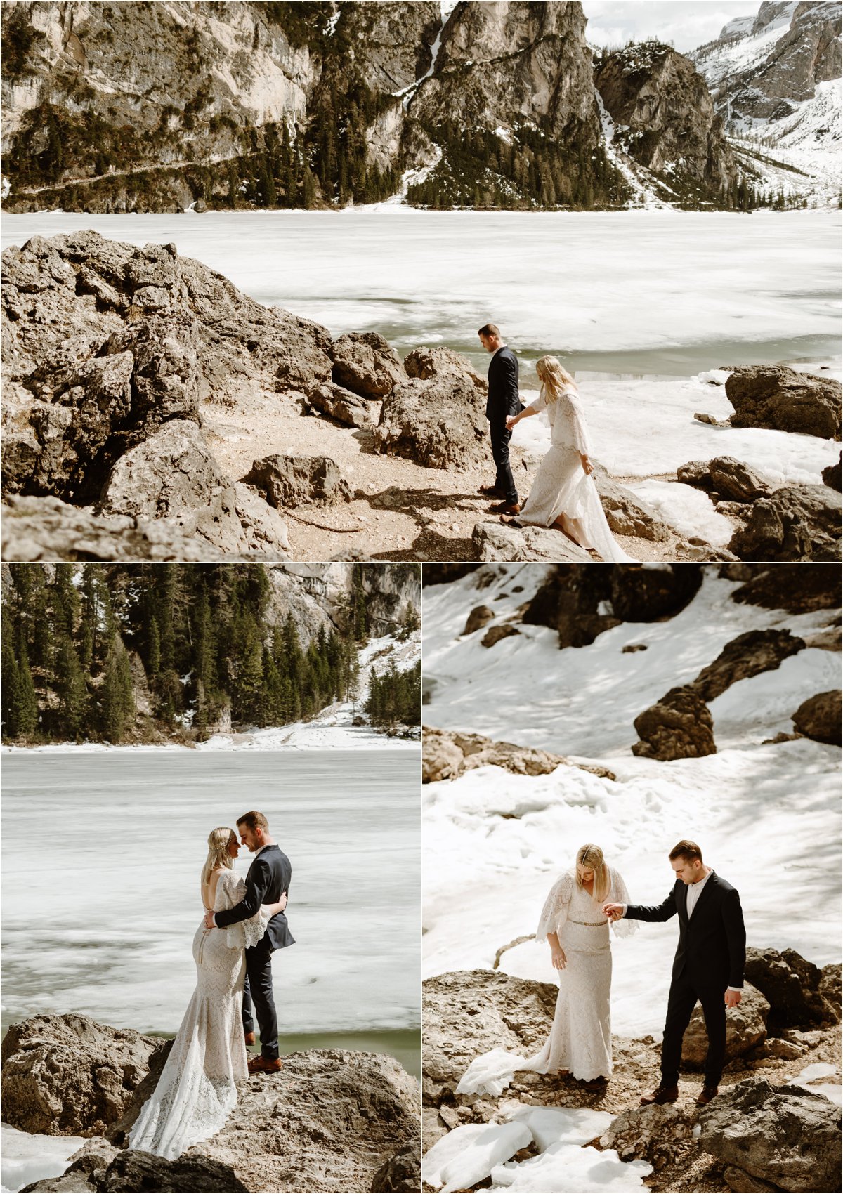 Erika & Nathan explore the shores of Lago di Braies in the Italian Alps for their elopement in the Dolomites. Photos by Wild Connections Photography