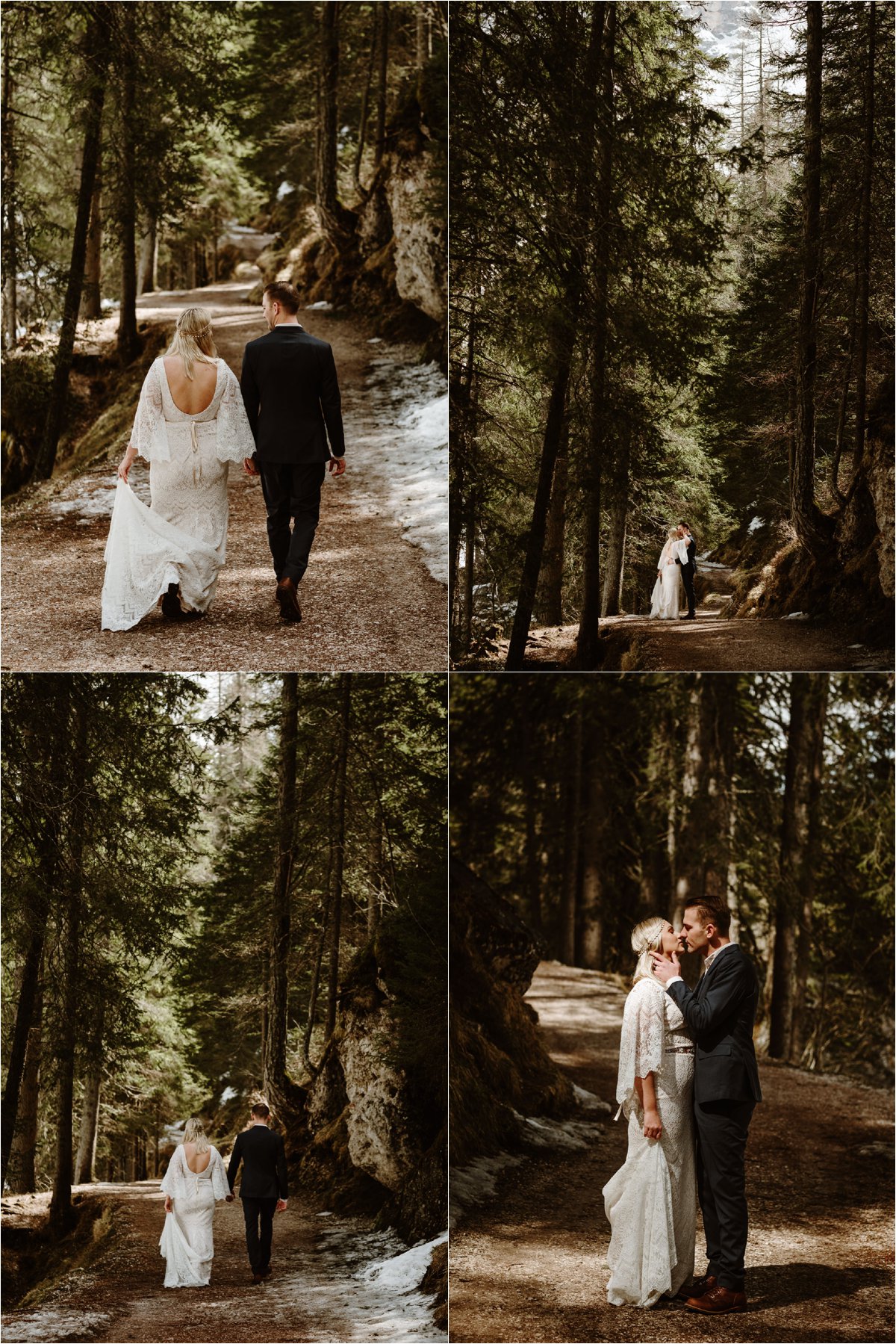 Erika & Nathan walk along the wooded footpaths around Lago di Braies in the Dolomites. Photos by Wild Connections Photography