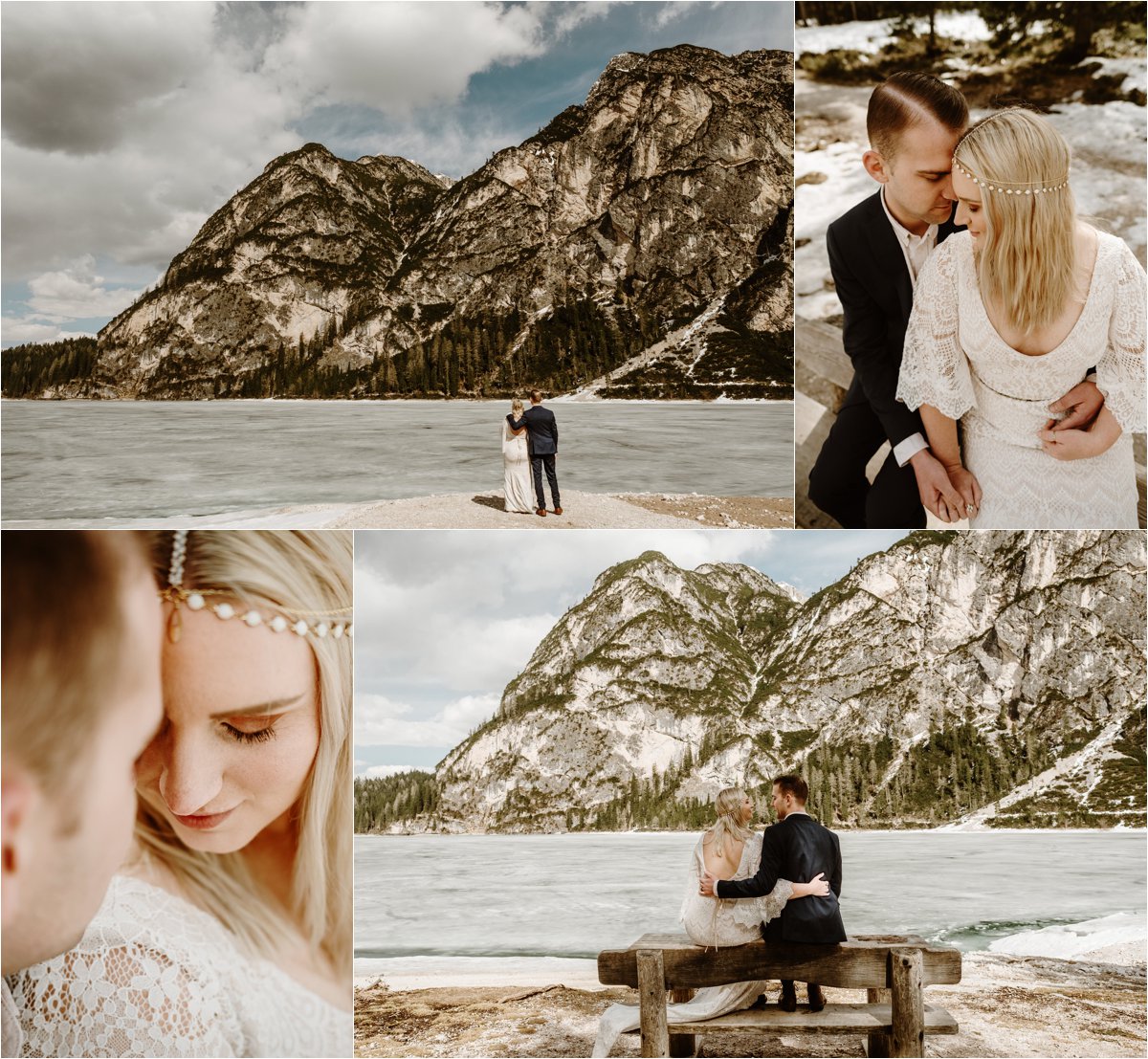 Erika & Nathan have a peaceful moment on a wooden bench on the edge of Lake Prags in the Dolomites. Photos by Wild Connections Photography