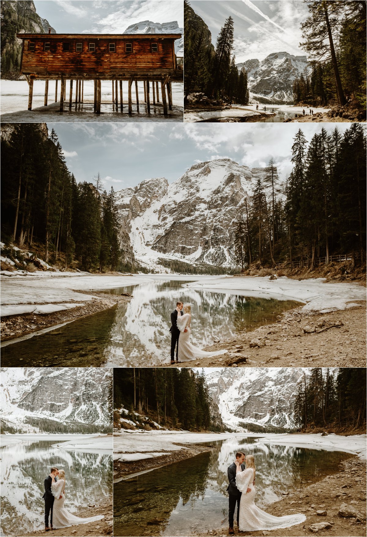 A small part of Lago di Braies lake in the Dolomites unfreezes after a long winter. Erika & Nathan enjoy the reflections of the mountains in the water on the day of their elopement in the Italian Alps. Photos by Wild Connections Photography - Alps & Dolomites Elopement Photographer