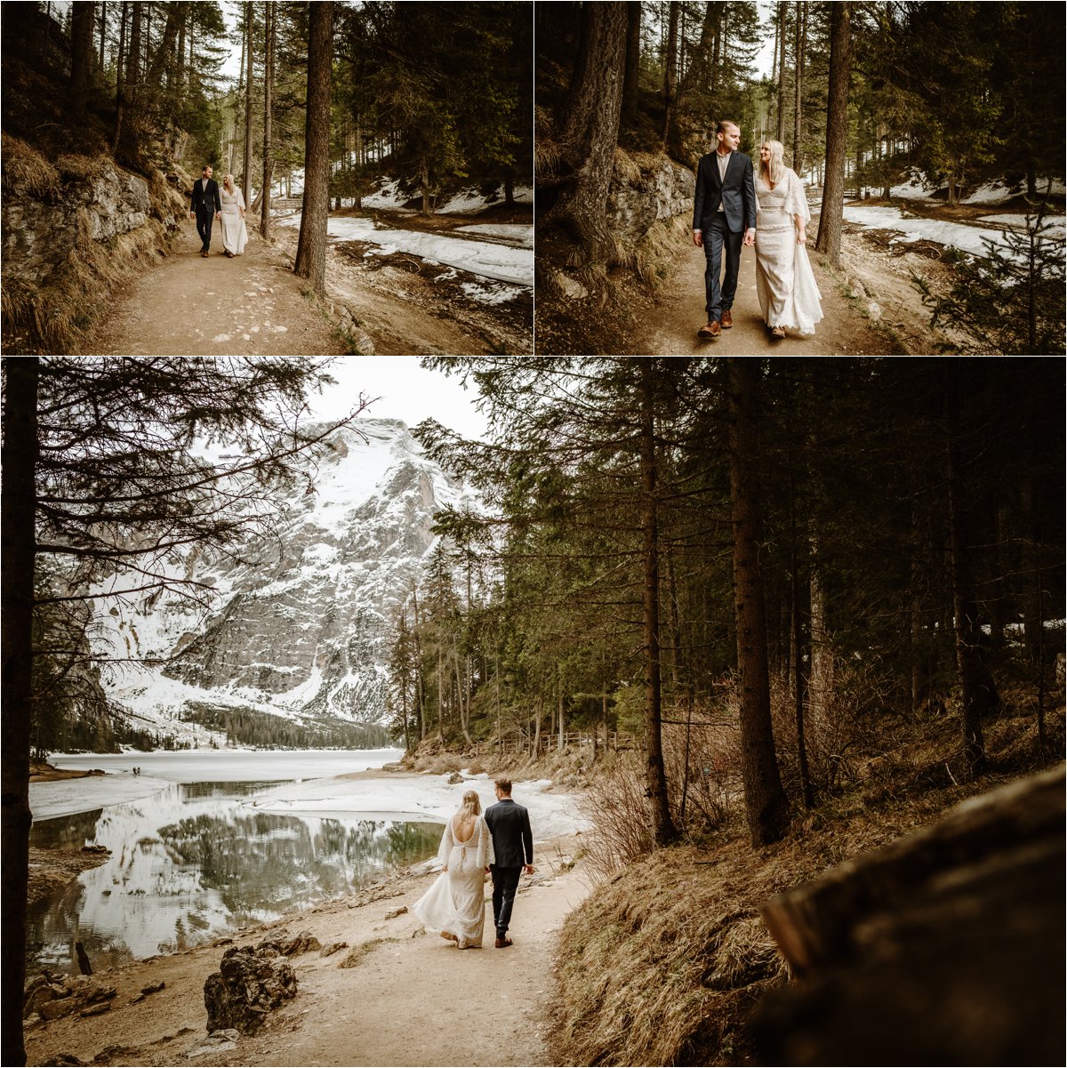 Erika & Nathan explore the footpaths that lead around the edge of Lago di Braies, Pragser Wildsee lake in the Dolomites. Photos by Wild Connections Photography - Alps & Dolomites Elopement Photographer