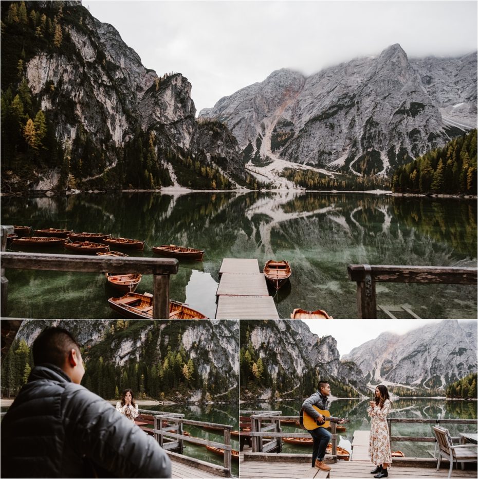 Jeremy surprises Katrina by singing her a song at Lago di Braies boathouse. Photos by Wild Connections Photography.