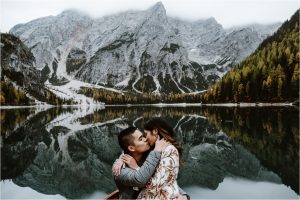 Uber romantic proposal at Lago di Braies in the Dolomites