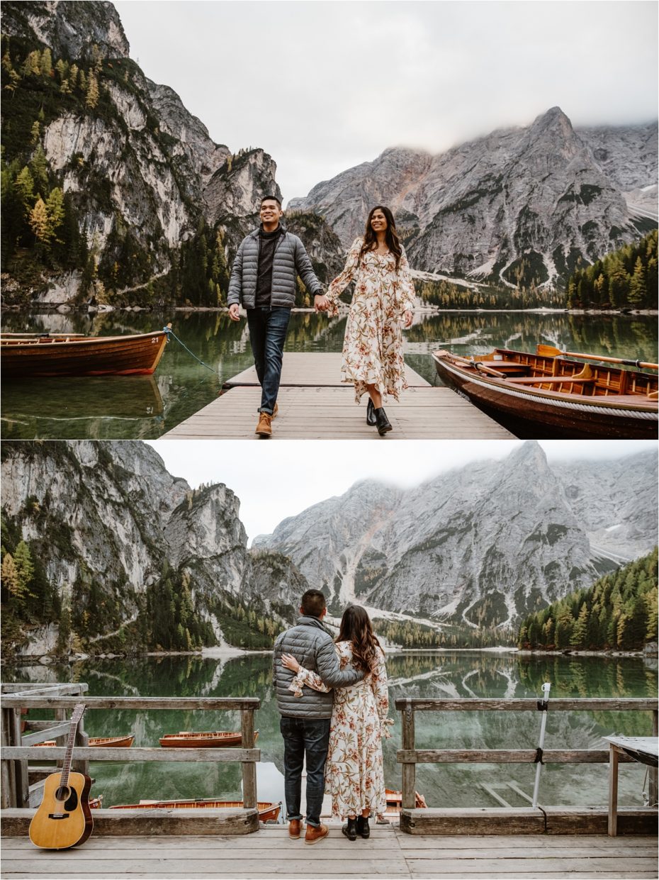 Engagement photos on the boathouse at Lake Braies in the Dolomites. Photos by Wild Connections Photography.