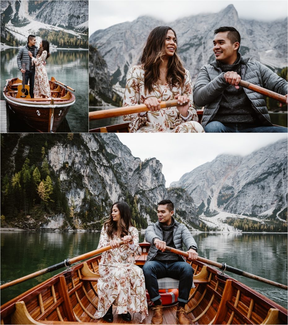 Newly engaged couple take a rowing boat out on to Lake Braies Pragser Wildsee in the the Dolomites. Photos by Wild Connections Photography.