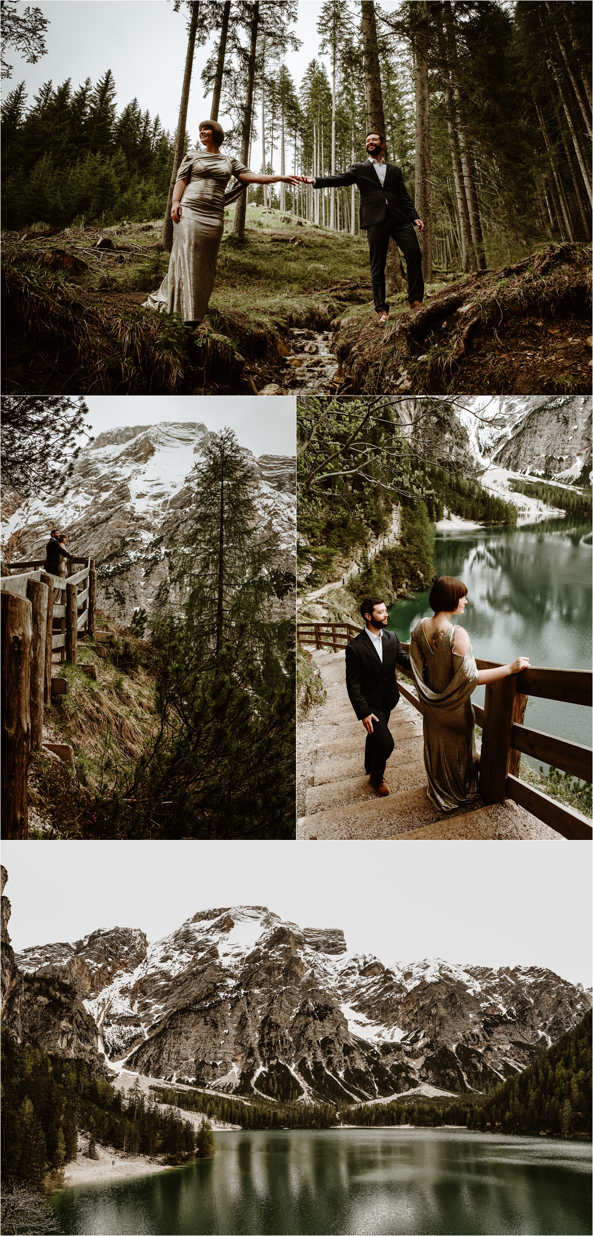 Laurel & Dustin standing on the shores of Lake Braies in the Italian Alps. Photo by Wild Connections Photography