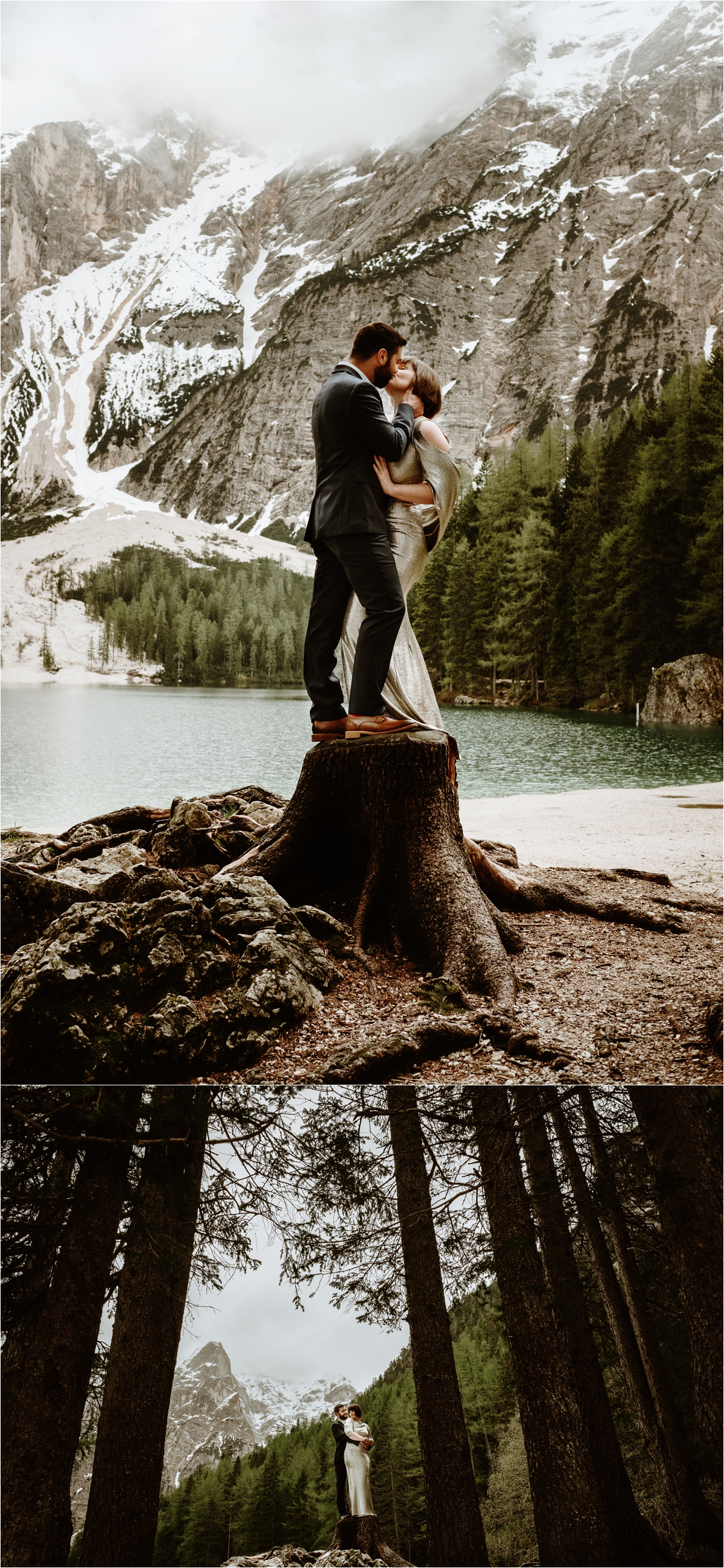 The bride and groom stand on a tree stump in the forest around Lake Braies. The bride wears a gold wedding gown. Photo by Wild Connections Photography