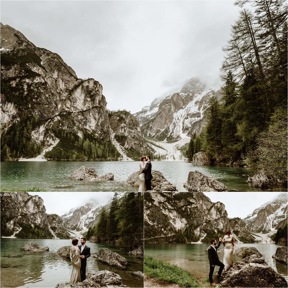 Bride & groom stand on the rocks around Lake Braies in the Italian Alps, wearing a gold wedding gown. Photo by Wild Connections Photography