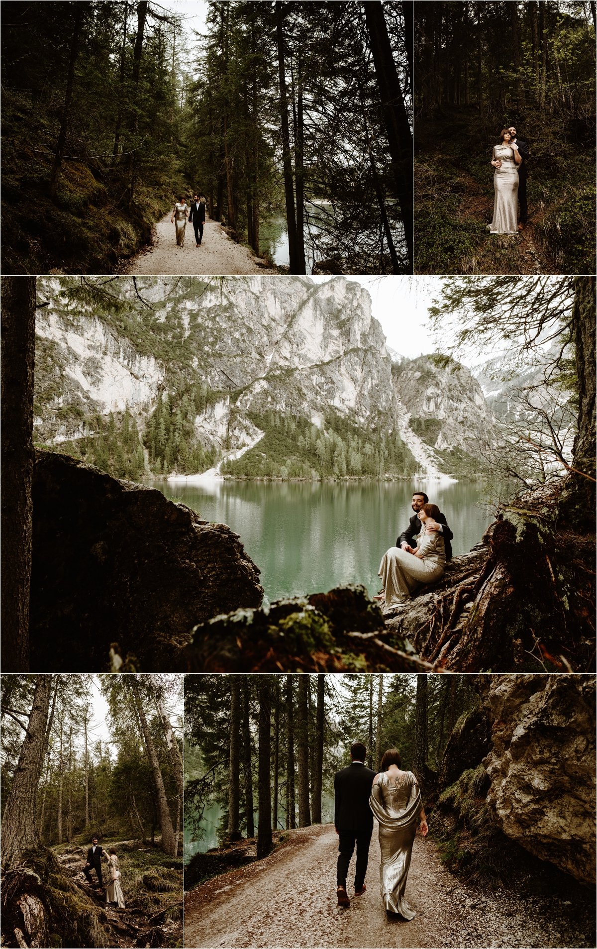 Hiking around Lake Braies in the Italian Alps, Laurel & Dustin explore the forests around the lake for their post-wedding adventure session. Photo by Wild Connections Photography