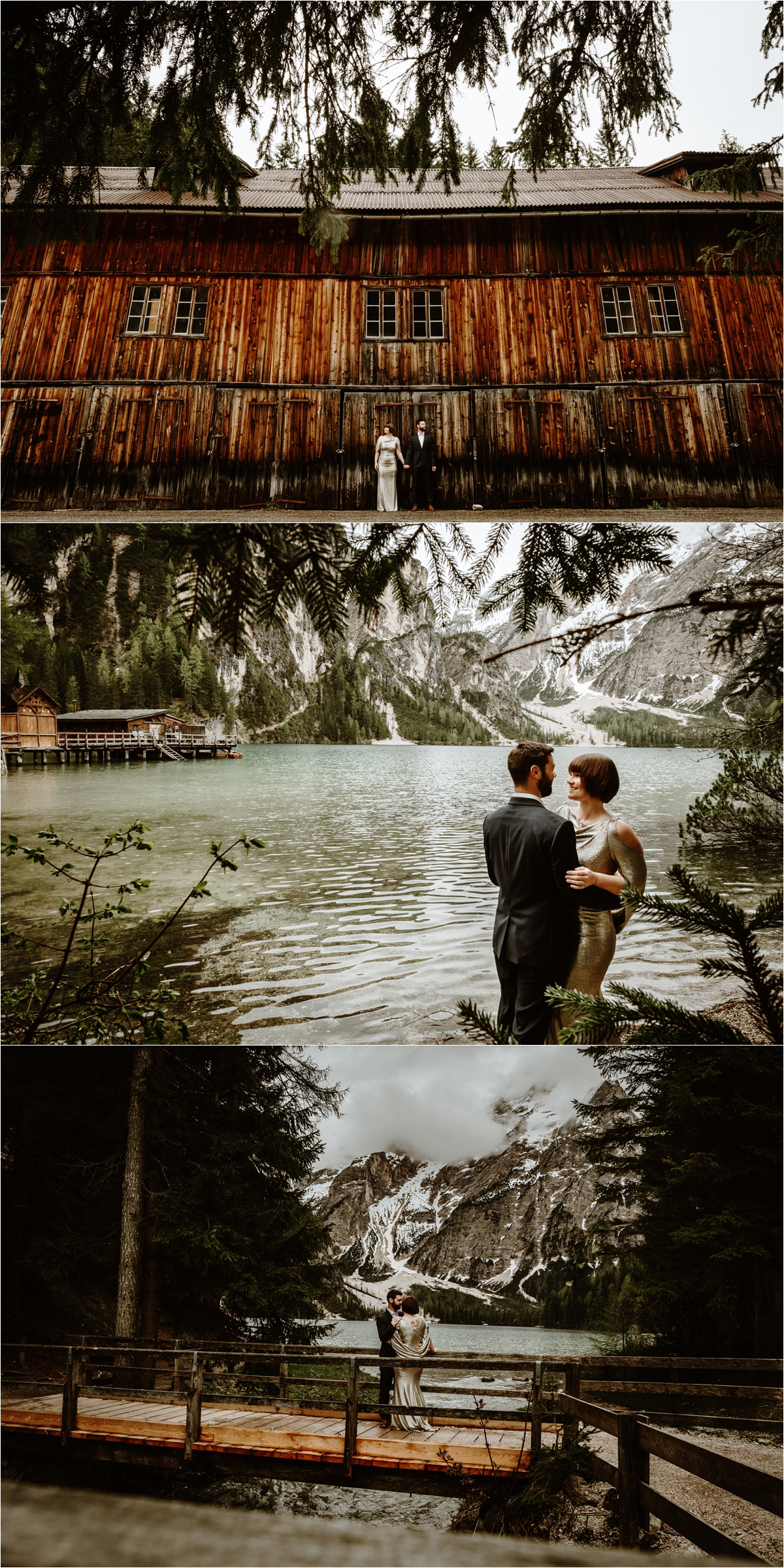 Laurel & Dustin shelter from the rain under the trees and barn roof at Lake Braies in the Italian Alps. Photo by Wild Connections Photography