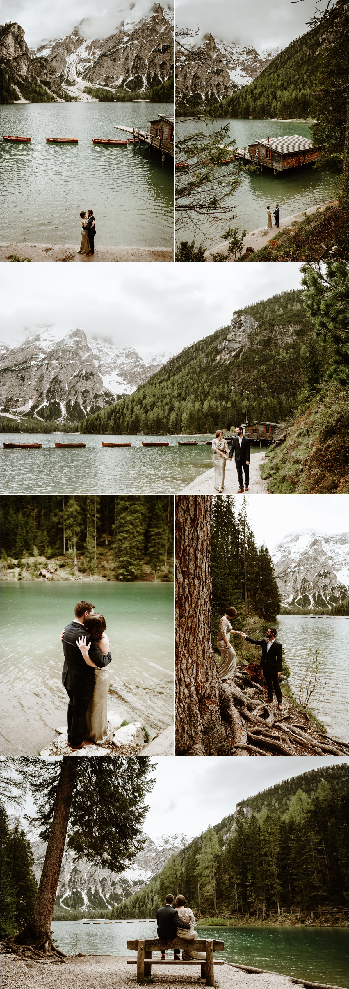 After the rain stops, Laurel & Dustin walk around the shores of Lake Braies in the Italian Alps. Photo by Wild Connections Photography