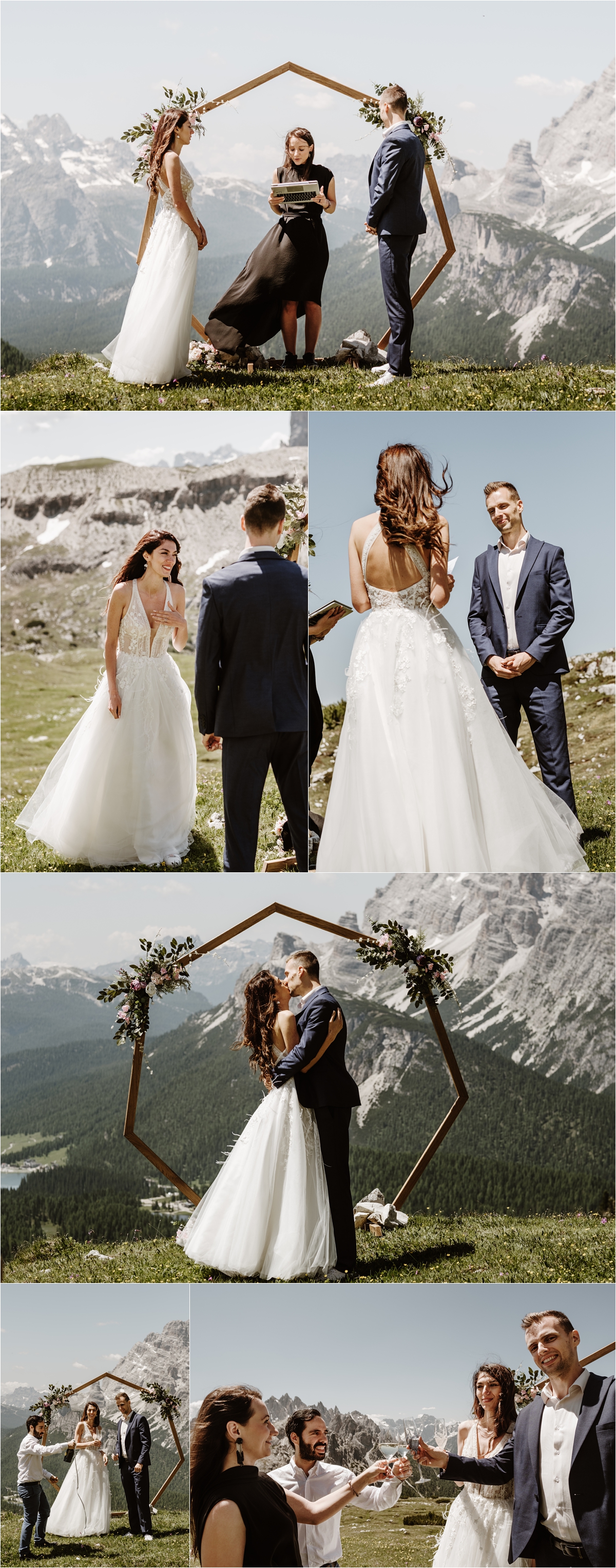 Petya & Tihomir's Tre Cime elopement ceremony with a wooden geometric ceremony arch. Photography by Wild Connections Photography