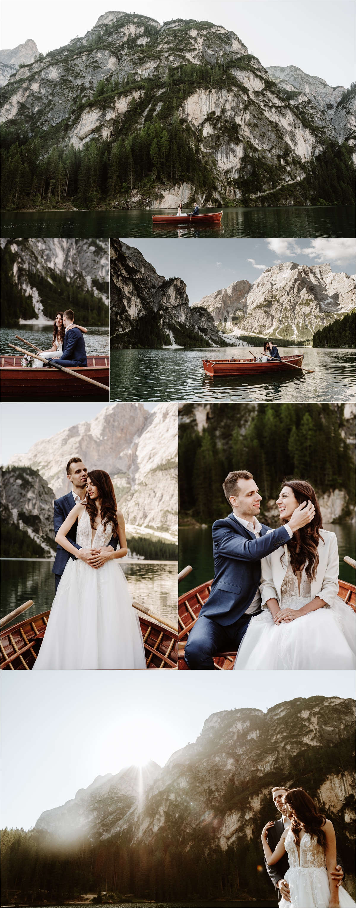 The bride and groom Patya & Tihomir go boating on Lake Braies. Photography by Wild Connections Photography