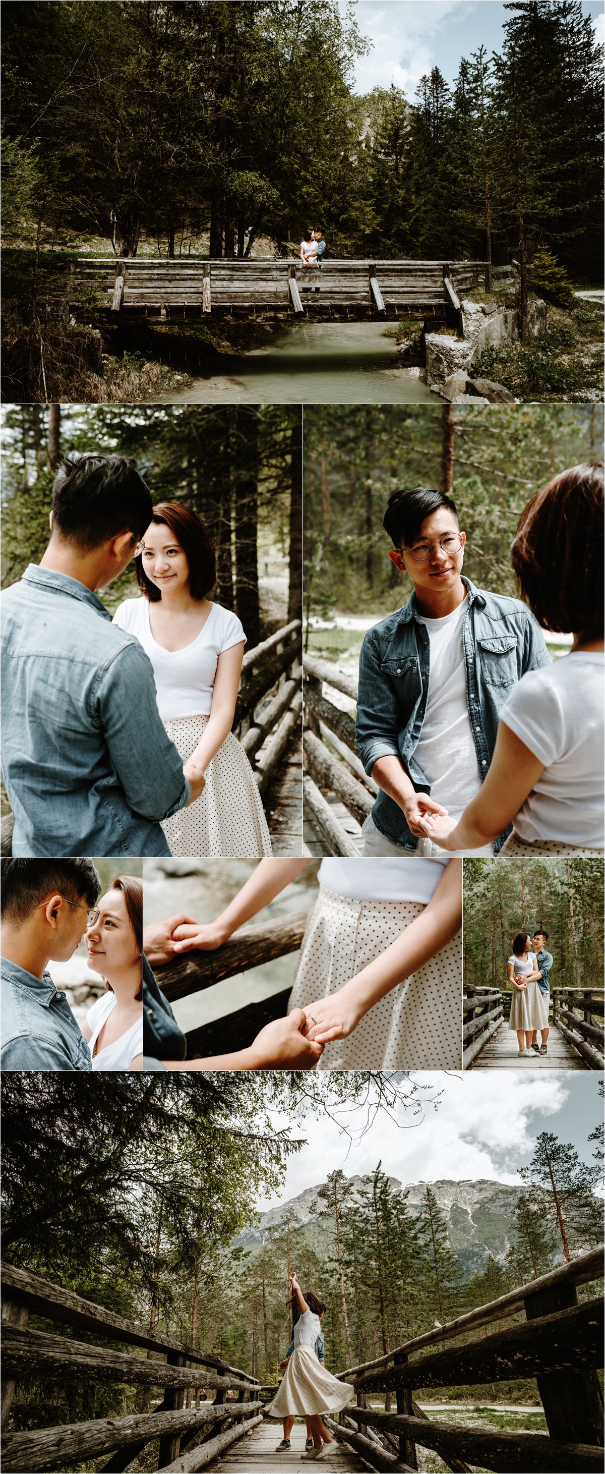 An engagement shoot on a wooden foot bridge in the Italian Alps. Photo by Wild Connections Photography Dolomites Wedding Photographer