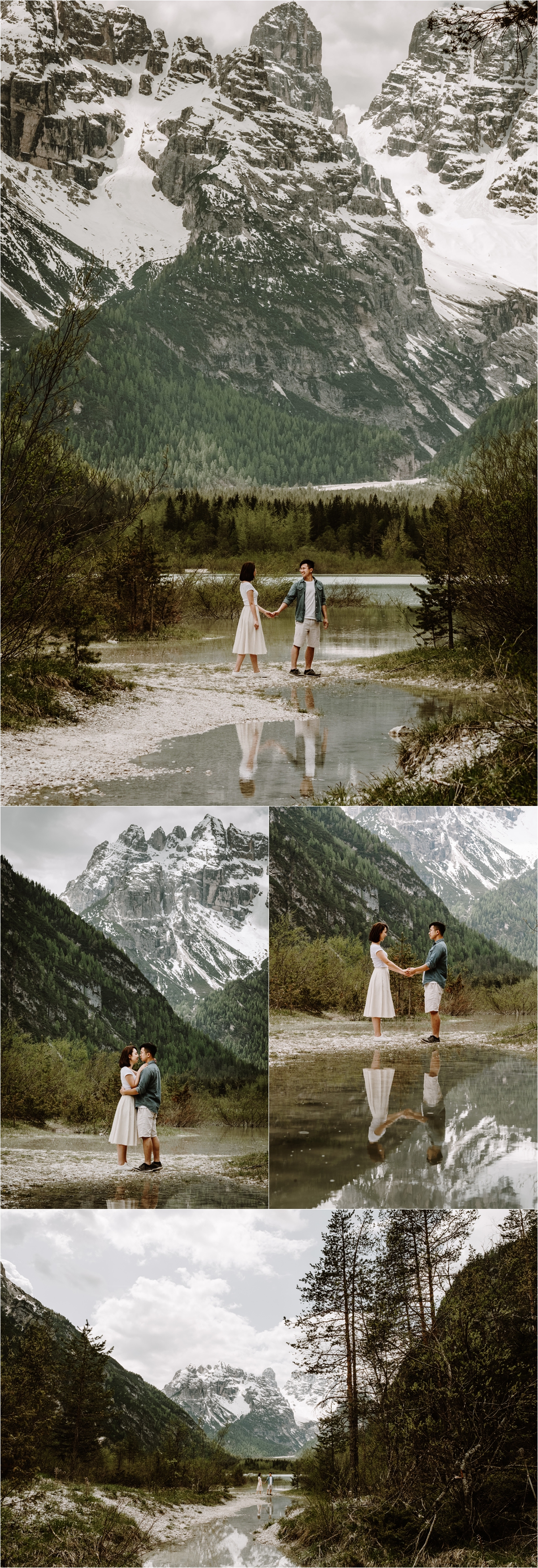 The couple are reflected in the water of this mountain lake in the Dolomites. Photo by Wild Connections Photography Dolomites Wedding Photographer
