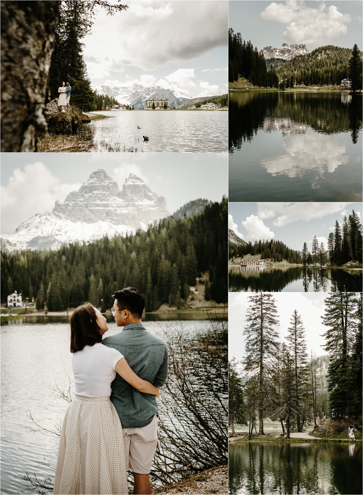 Incredible reflections of the trees and mountains in lake Misurina. Photo by Wild Connections Photography Dolomites Wedding Photographer