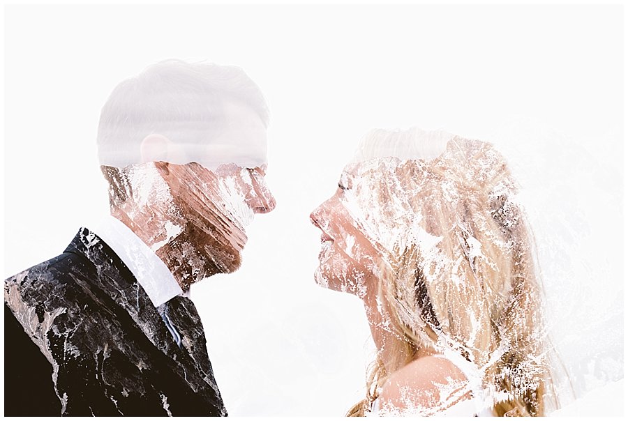 A double exposure of Steph and Lee looking at each other and the mountains