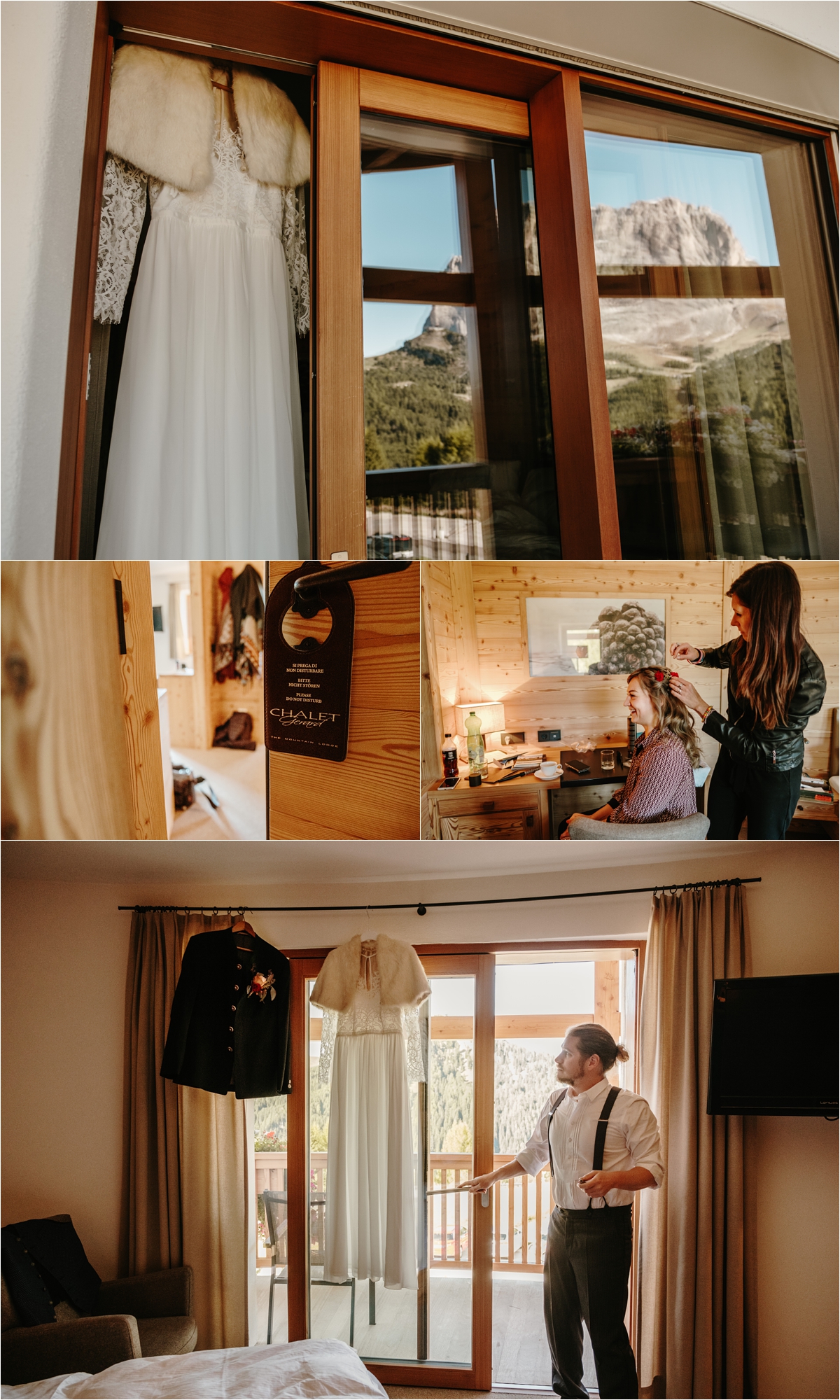 Anna & John getting ready for their elopement at Chalet Gerard in the Dolomites. Photos by Wild Connections Photography