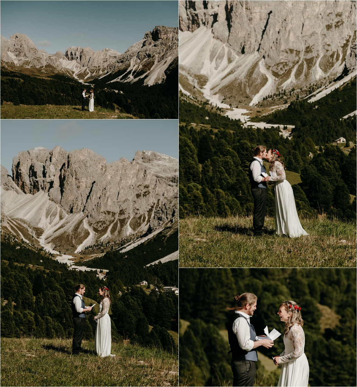An elopement ceremony near Seceda in the Dolomites. Photos by Wild Connections Photography
