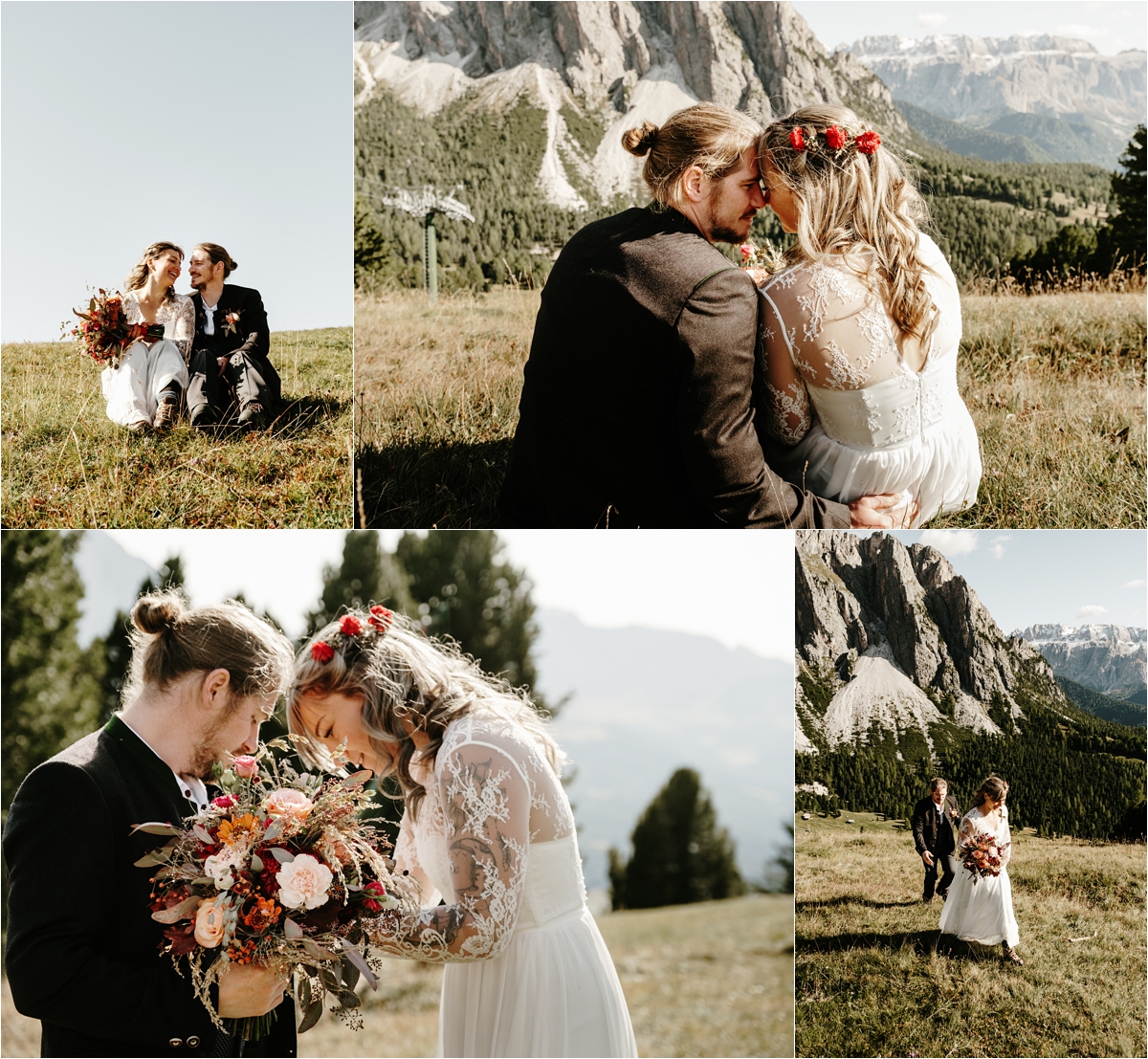Bride and groom enjoy the views of the Alpe di Siusi in the Dolomites. Photos by Wild Connections Photography