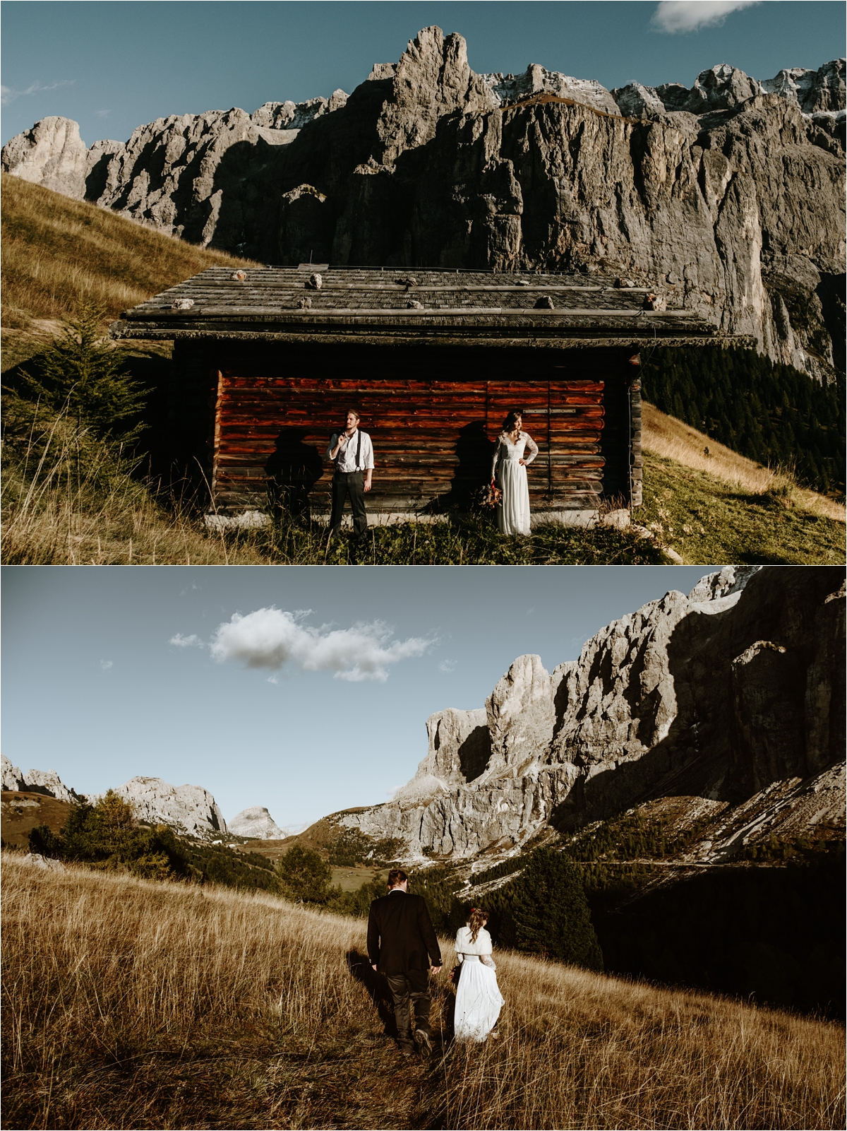An elopement at a traditional wooden farmer's hut in the Dolomites. Photos by Wild Connections Photography