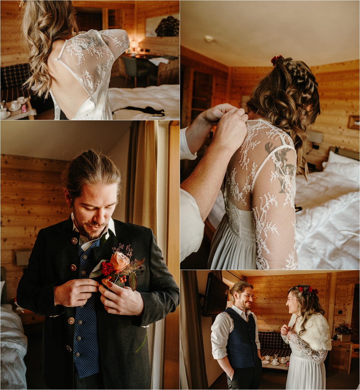 The bide and groom get ready together on their elopement day in the Dolomites. Photos by Wild Connections Photography