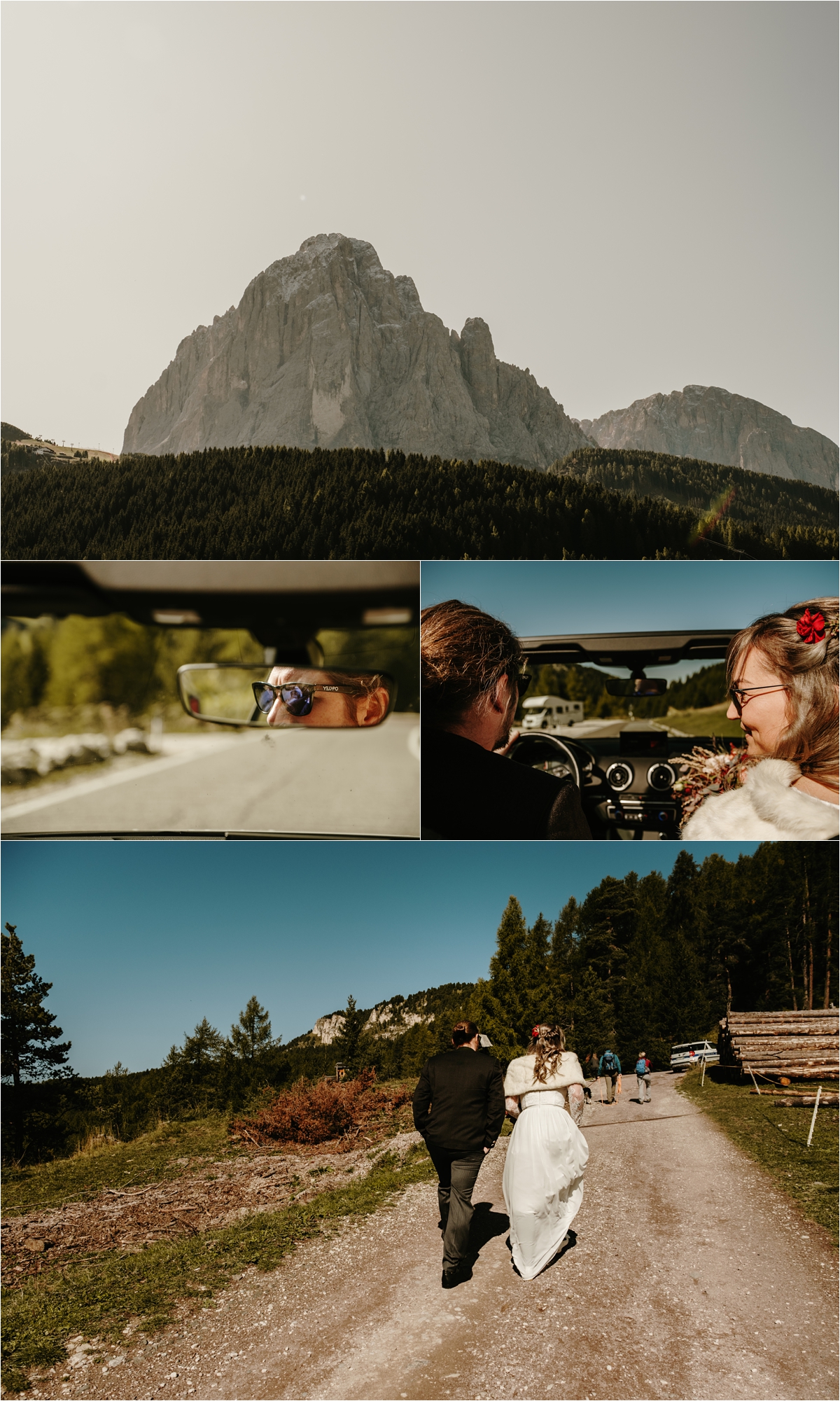 Bride and groom drive a white convertible in the Dolomites. Photos by Wild Connections Photography