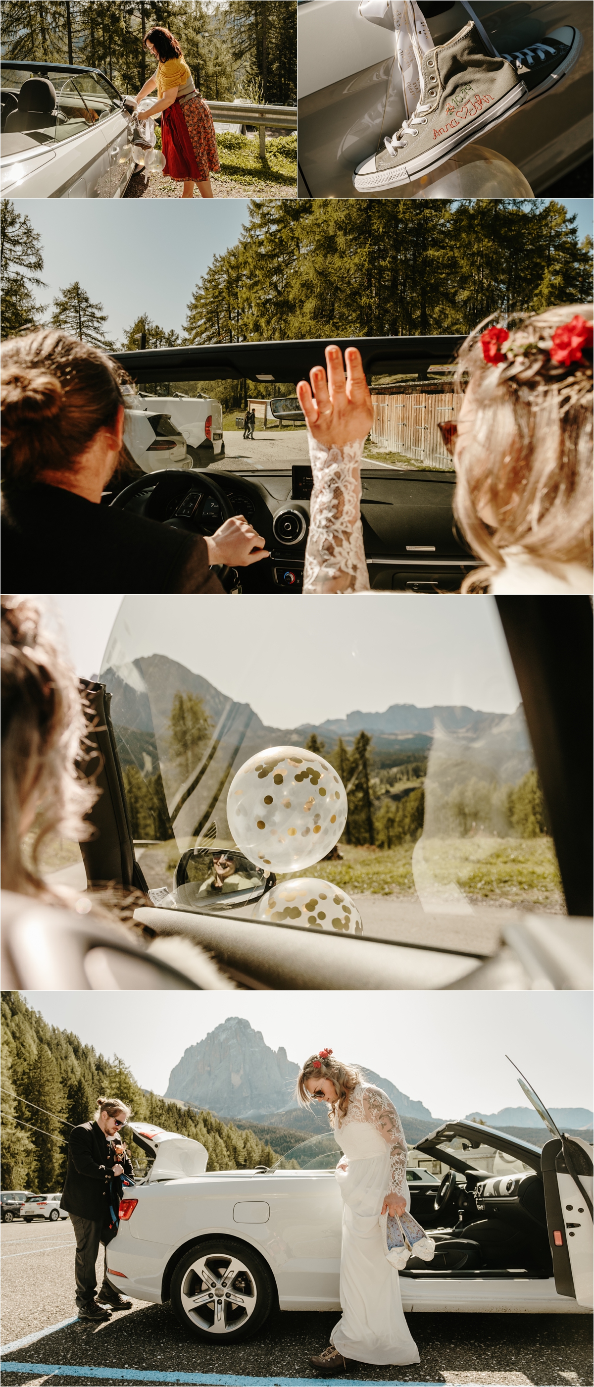 Bride & groom driving an open top convertible car on their elopement wedding day in the Dolomites. Photos by Wild Connections Photography