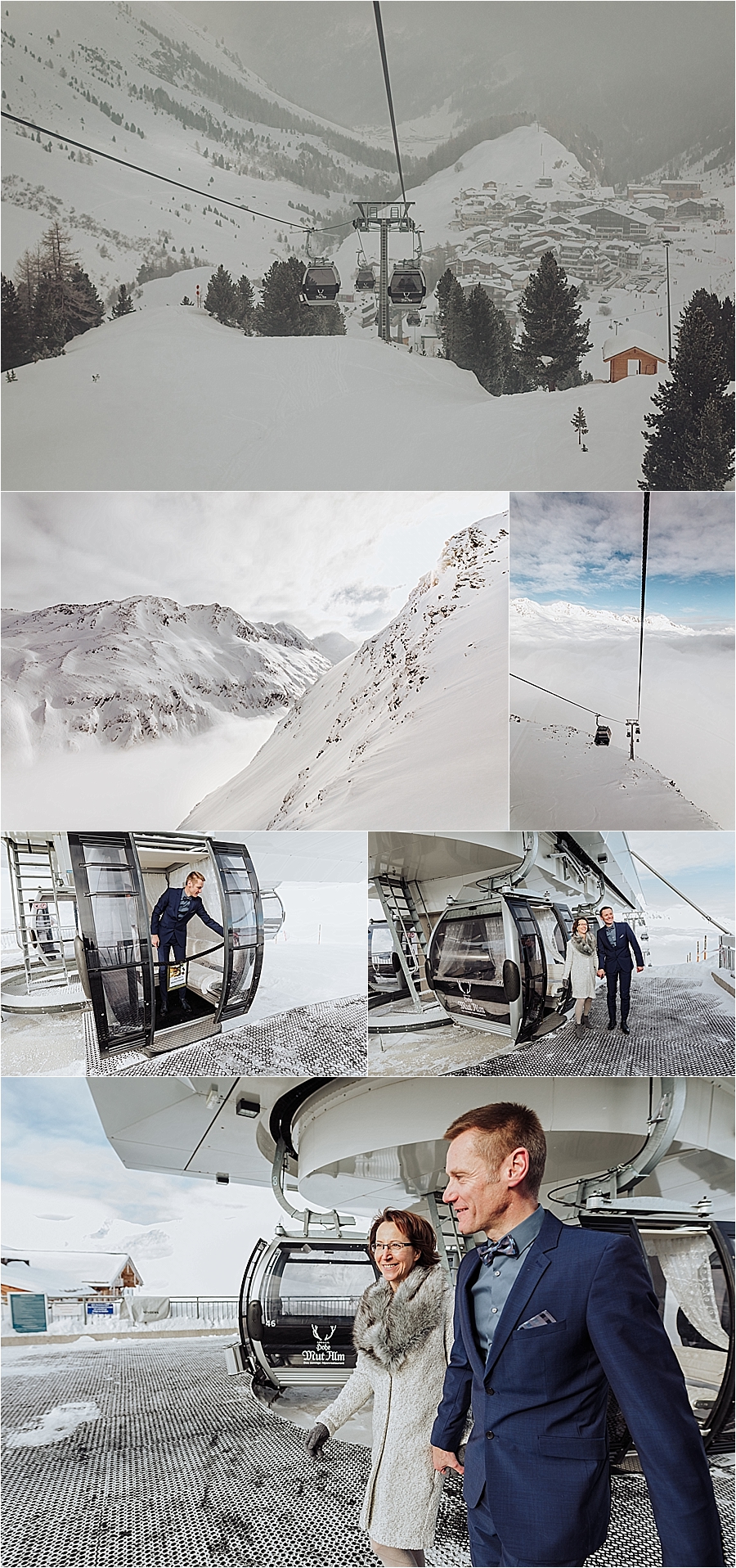 The bride & groom ride the gondola up the mountain in Obergurgl by Wild Connections Photography