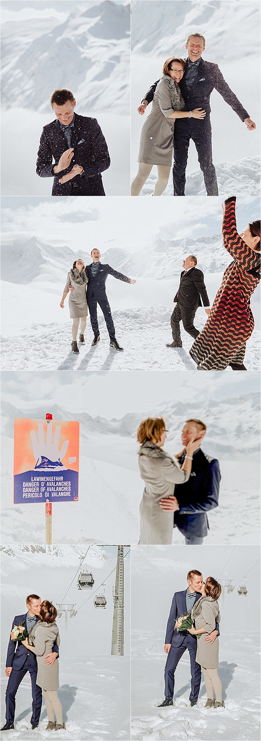 The bride & groom celebrate by throwing snow after their winter wedding in Austria by Wild Connections Photography