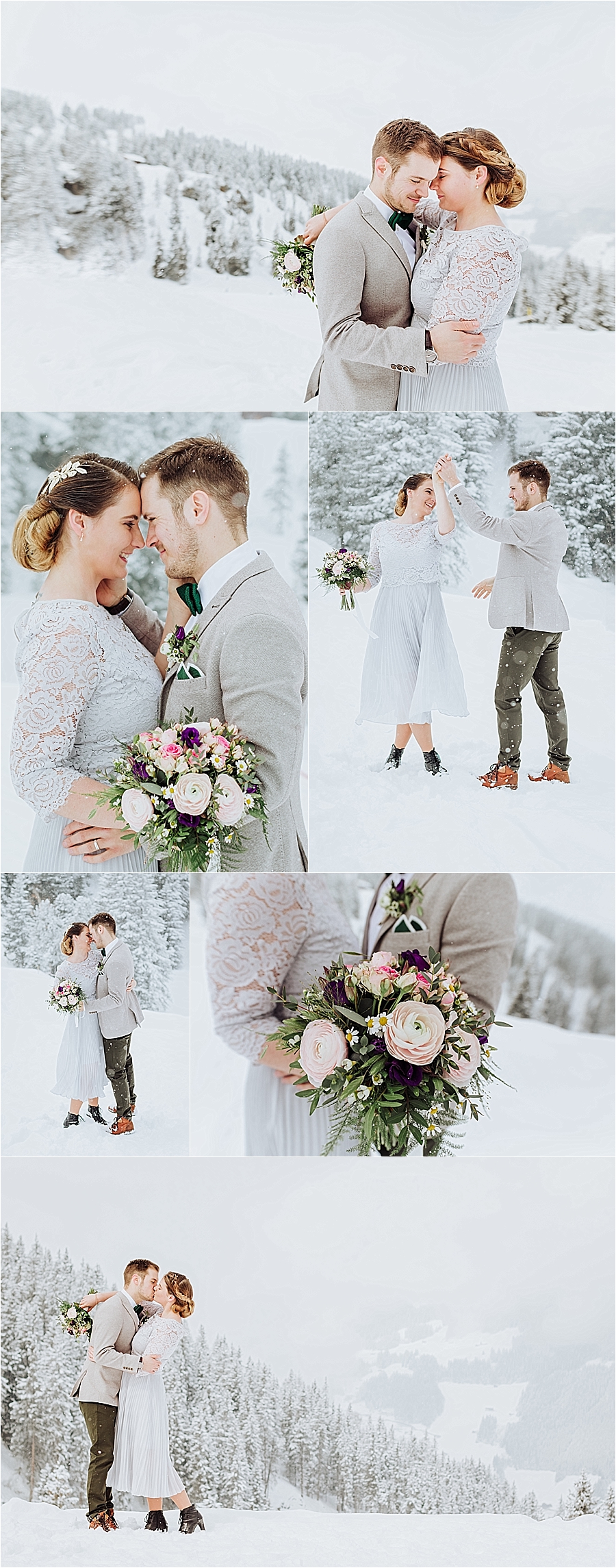 N & F dance around as the snowflakes fall for their winter mountain elopement in Mayrhofen Austria by Wild Connections Photography